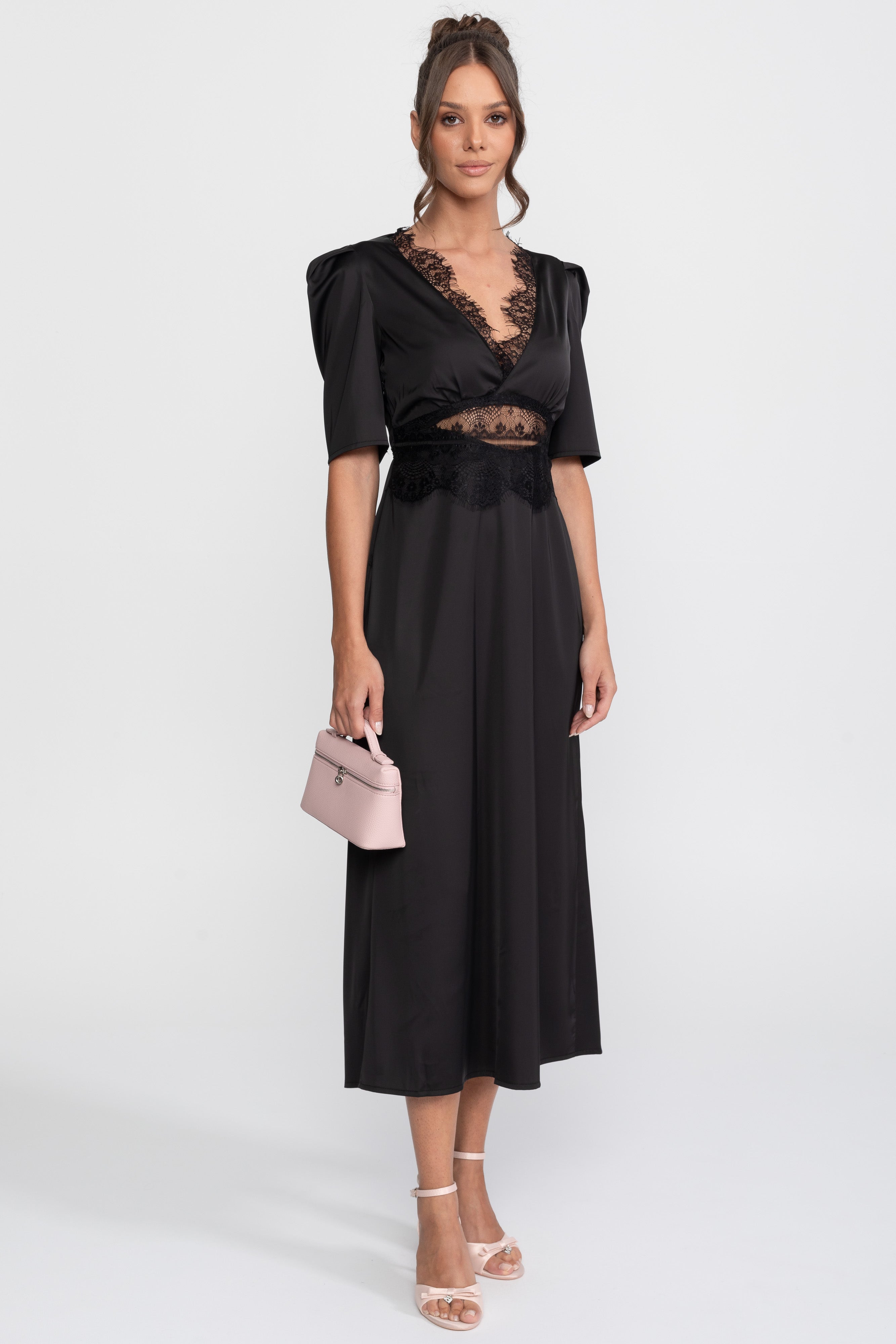 Rochie midi cu buline și finisaj din dantelă, cu mâneci bufante - Negru 