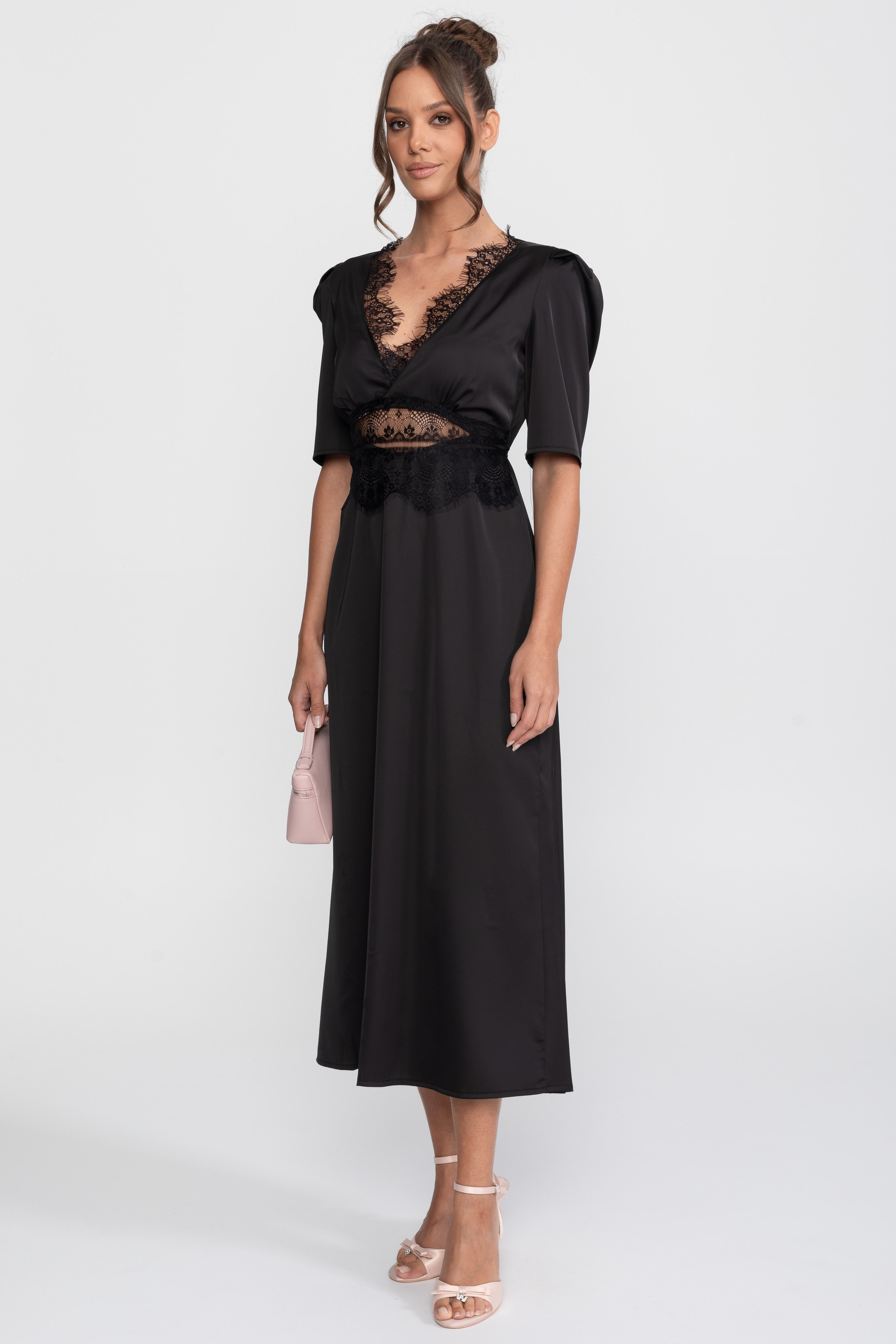 Rochie midi cu buline și finisaj din dantelă, cu mâneci bufante - Negru 