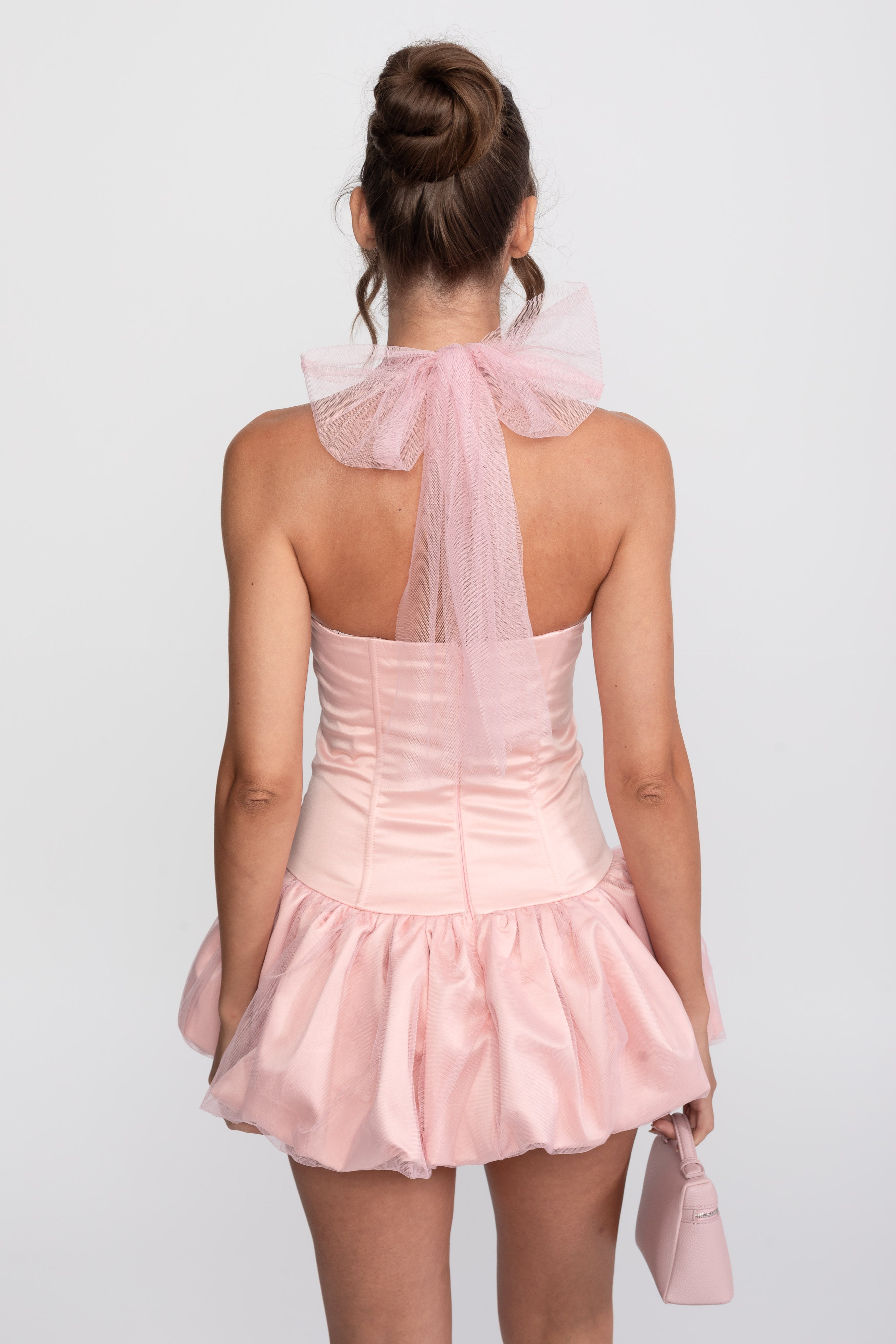Corset Bubble Hem Mini Dress With Sheer Halter Tie - Pink