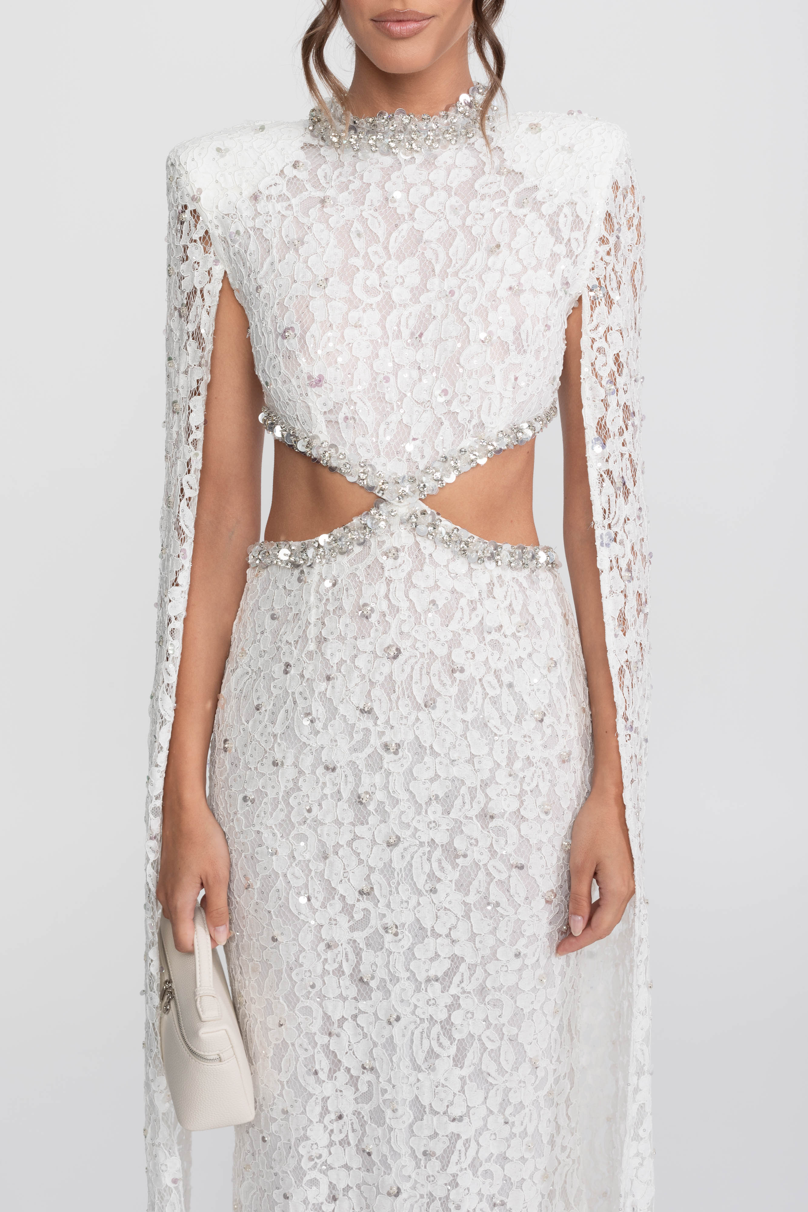 Crystal Cutout Lace Gown With Sequin Embellishments - White