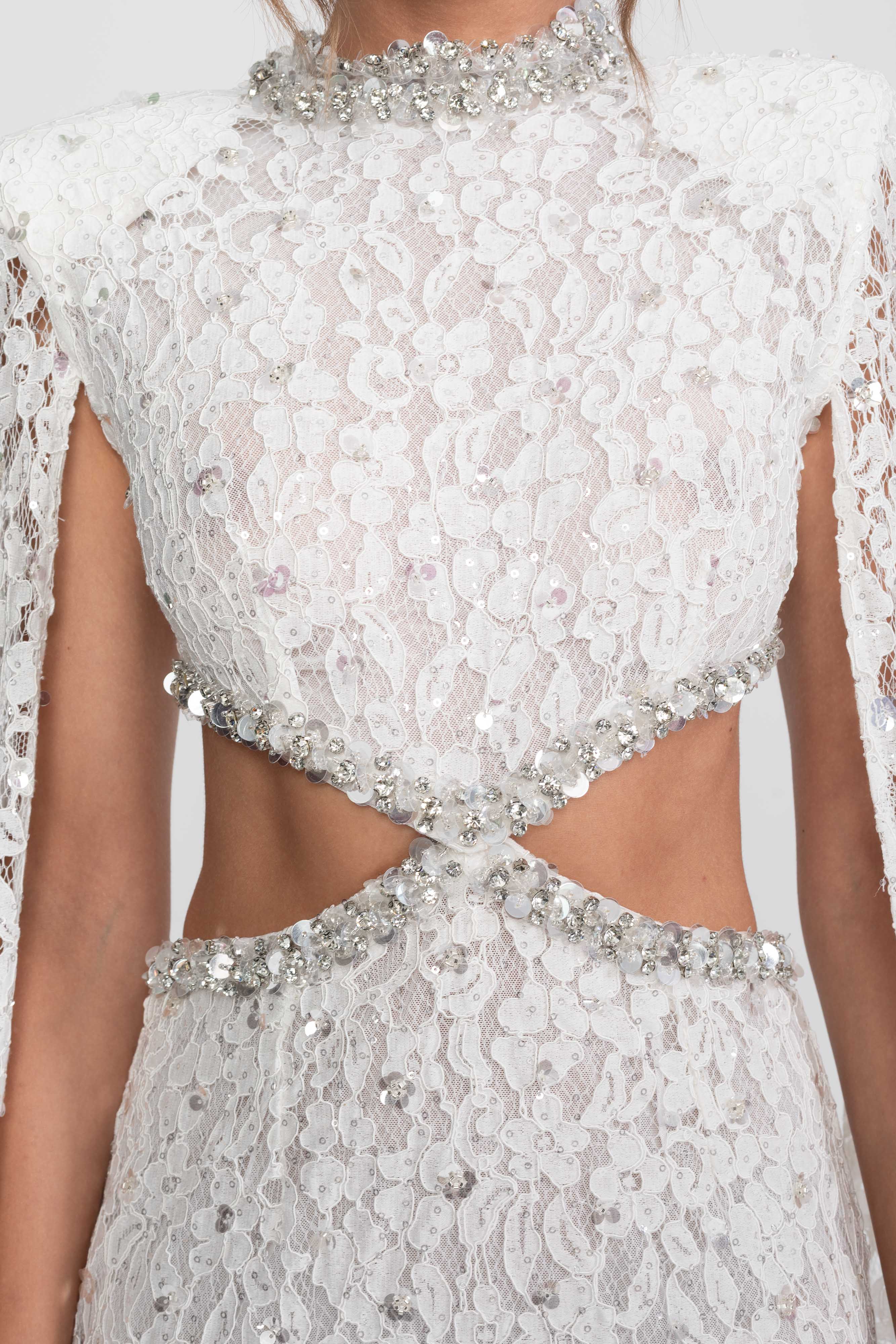 Crystal Cutout Lace Gown With Sequin Embellishments - White