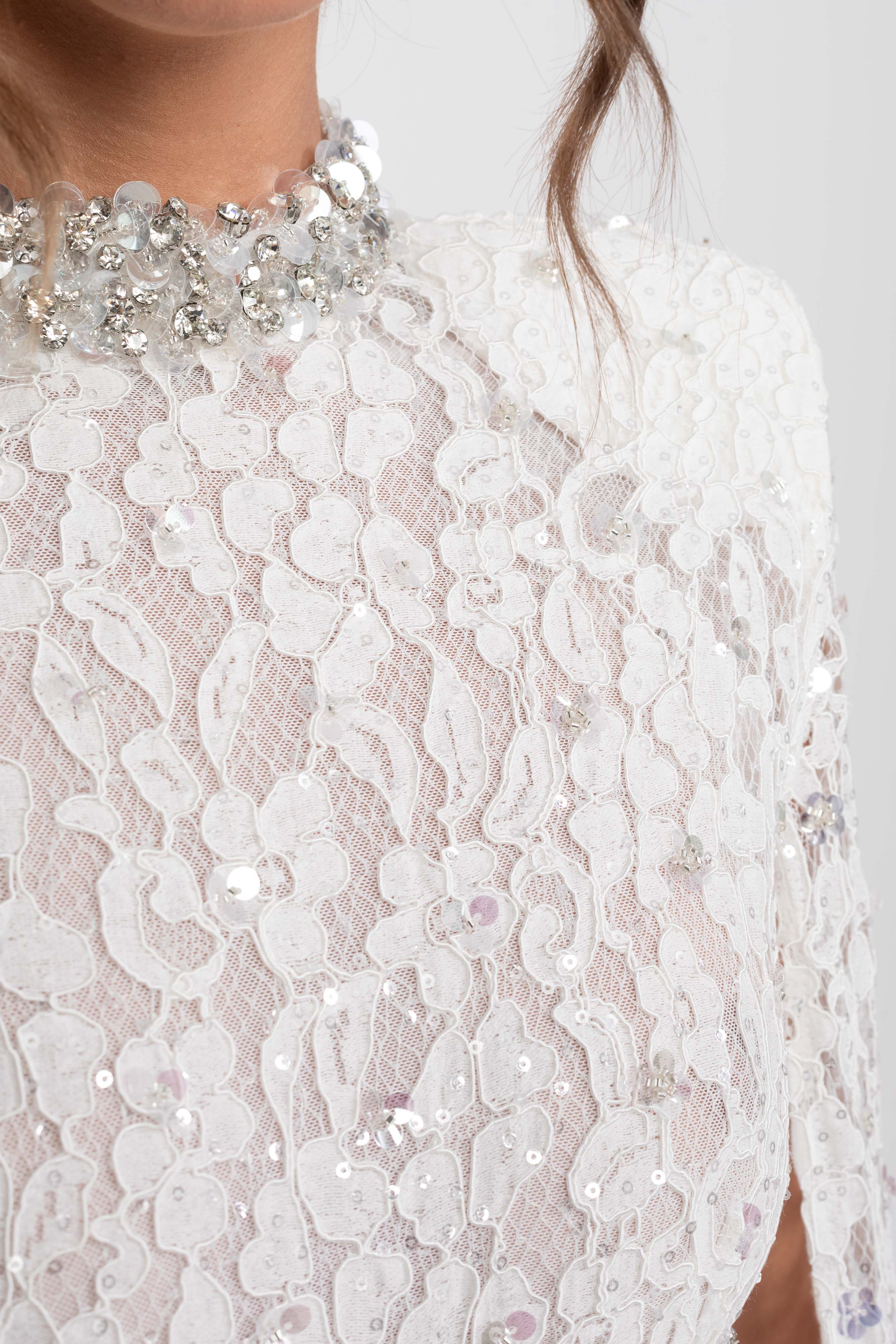 Crystal Cutout Lace Gown With Sequin Embellishments - White