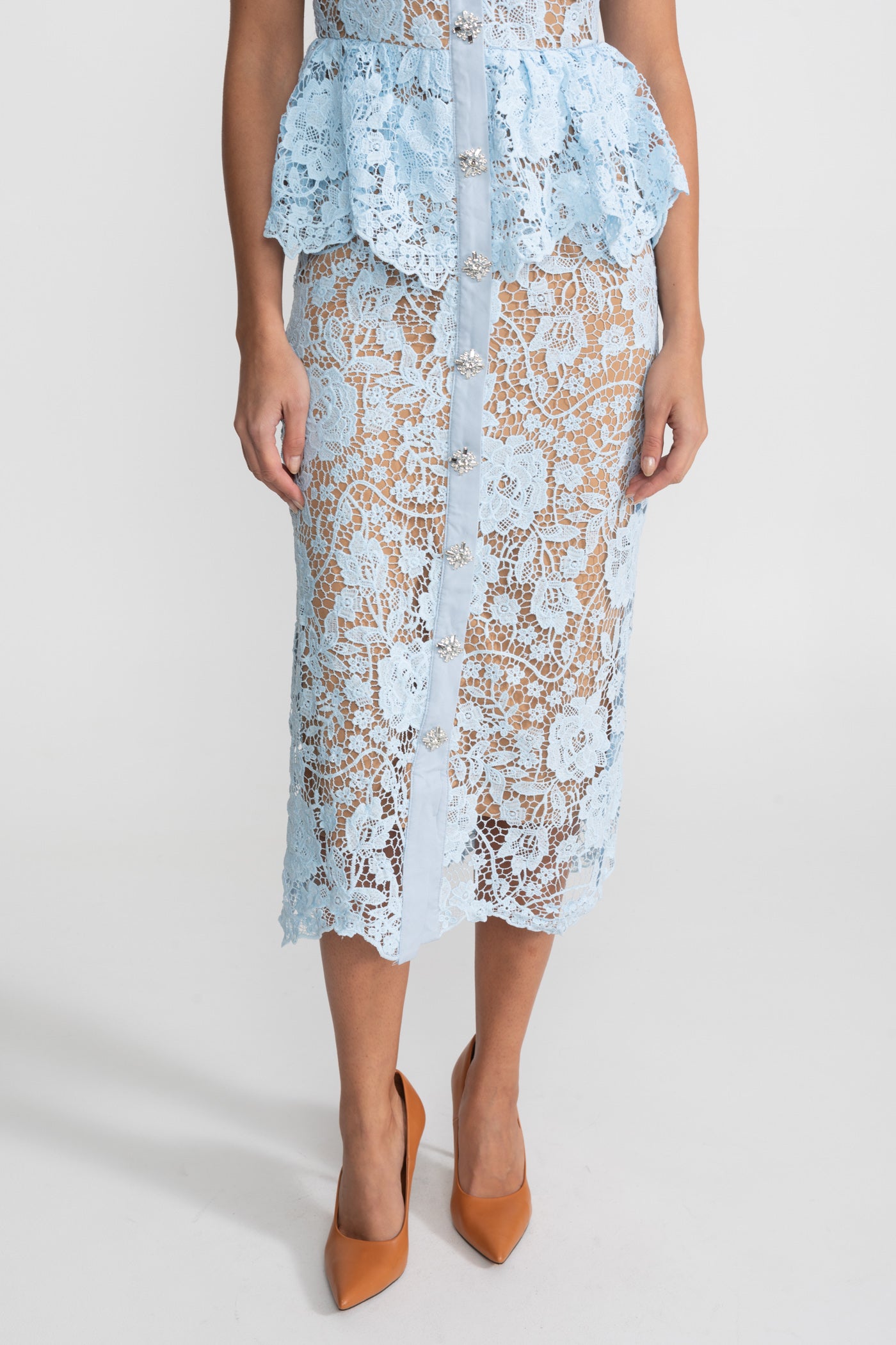 Lace Midi Dress with Peplum Waist and Satin Collar - Baby Blue