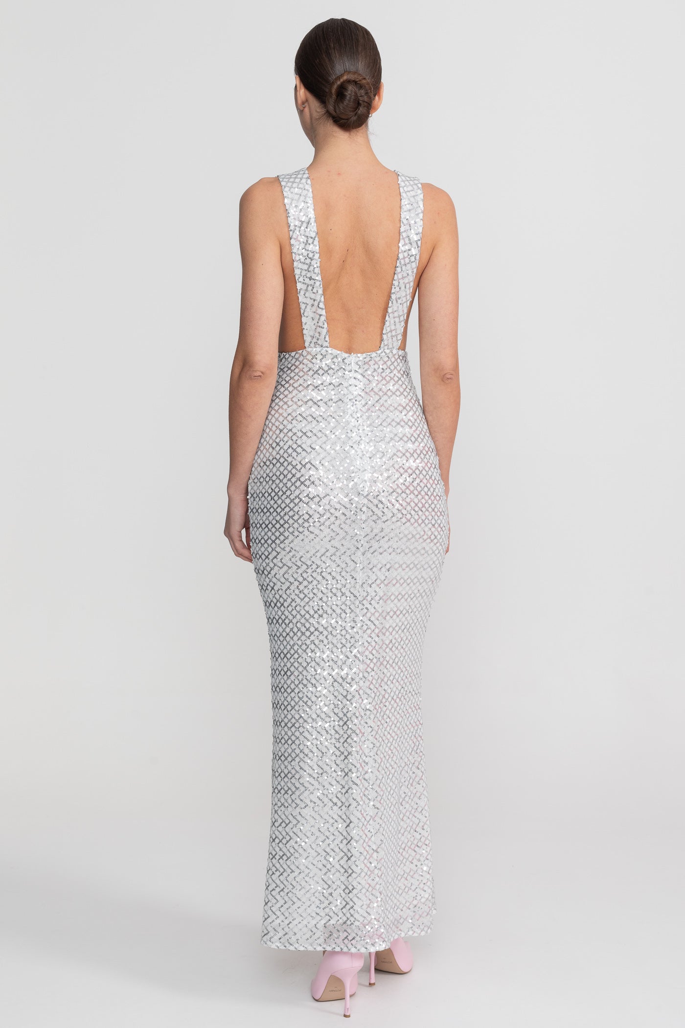 Rochie Maxi cu Paiete și Detaliu cu Fundă din Satin - Gri Deschis 