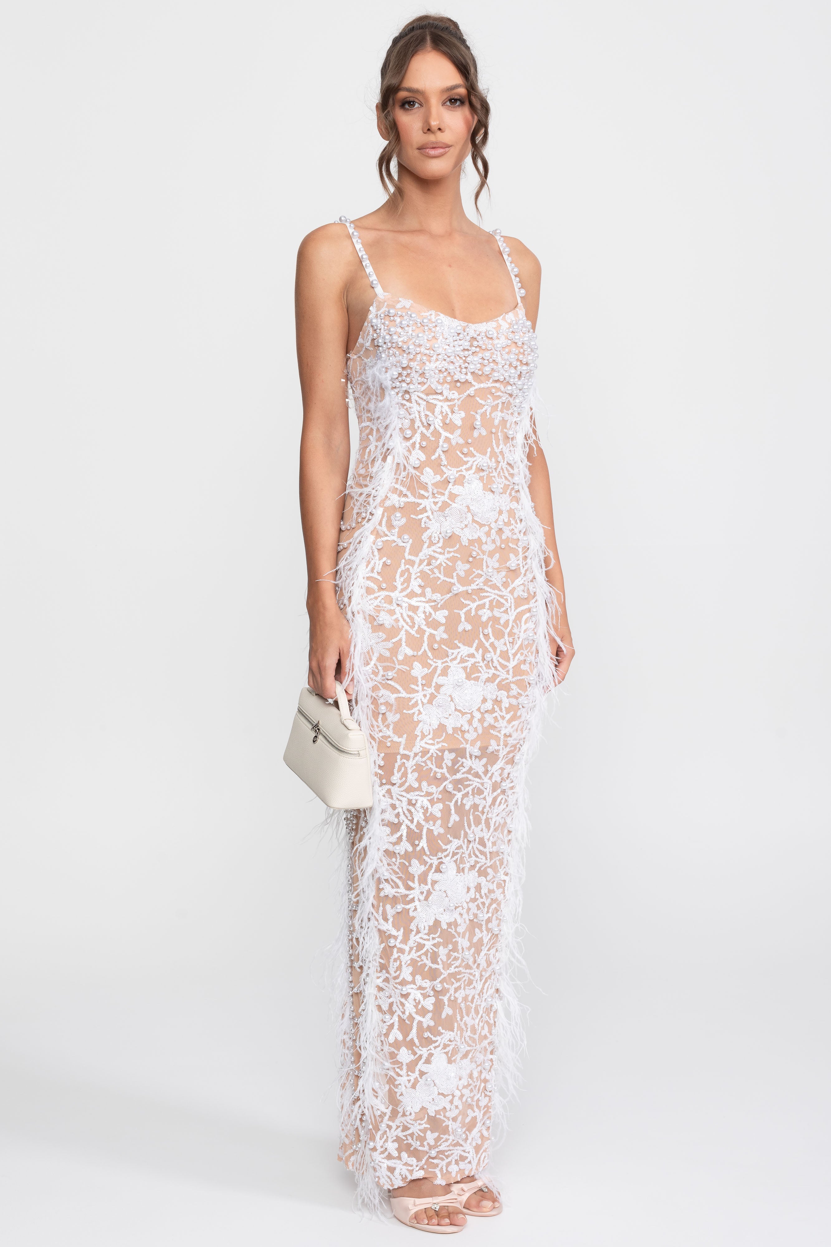 Feather Trim Beaded Lace Gown With Pearl Straps - White