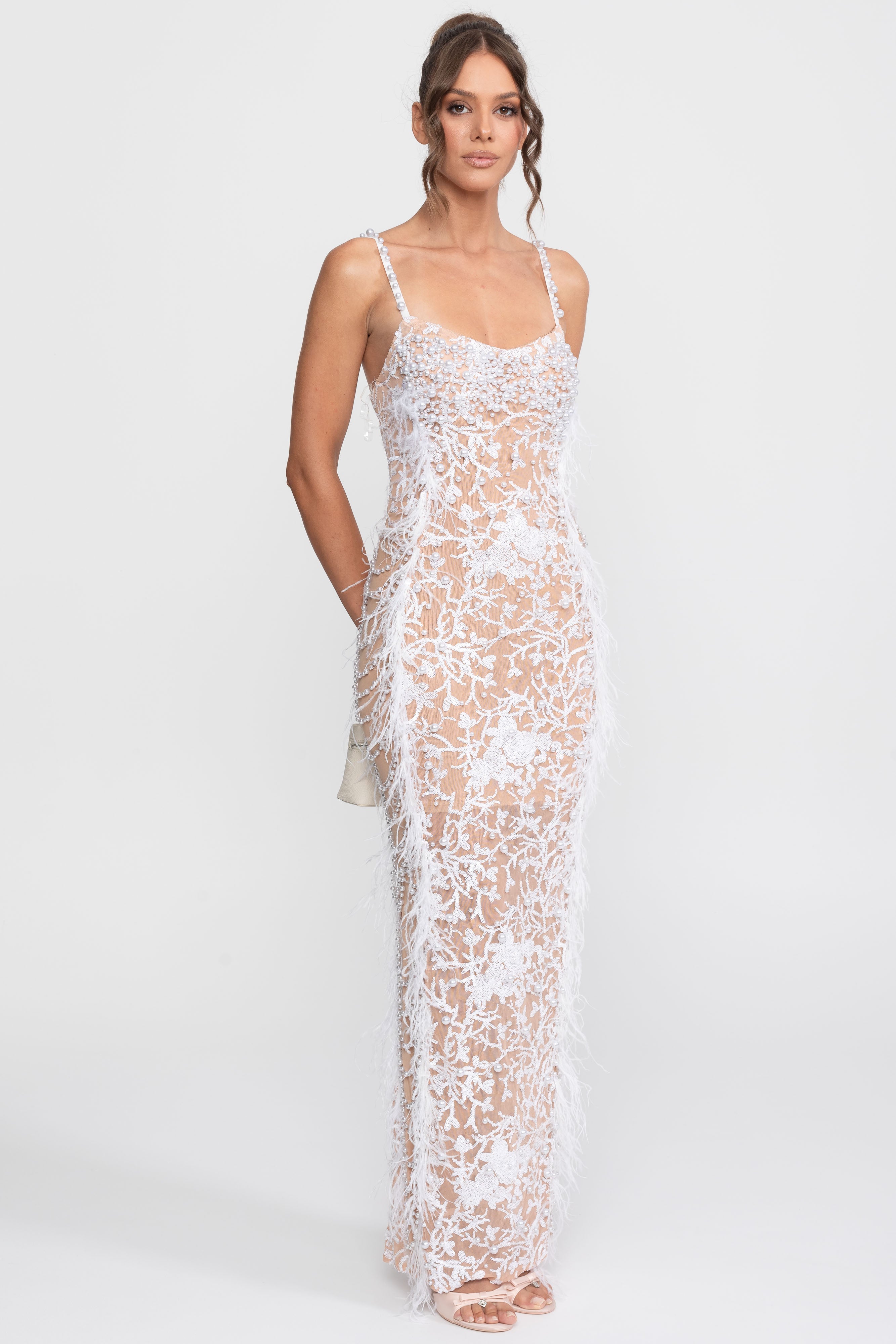 Feather Trim Beaded Lace Gown With Pearl Straps - White