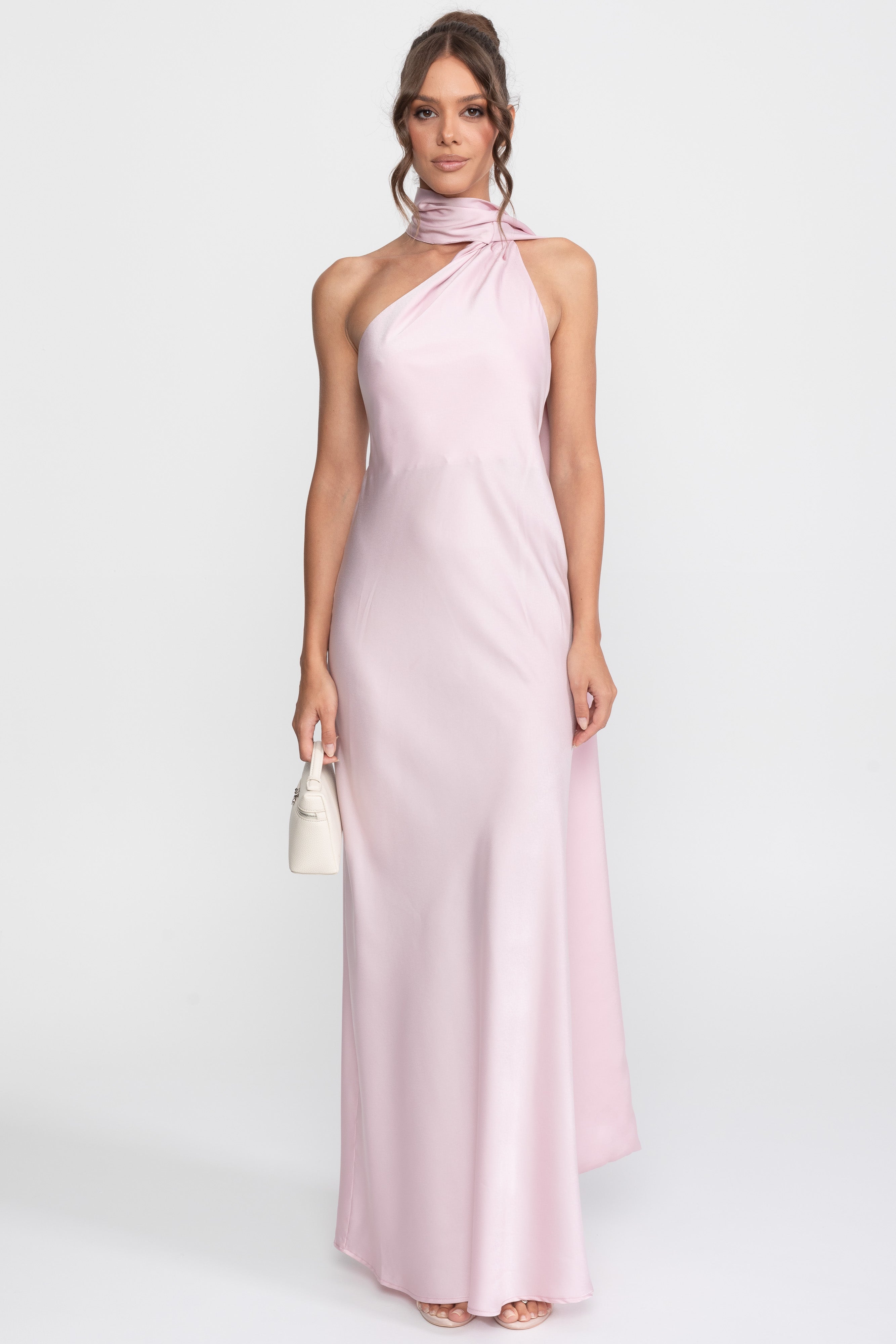 Rochie slip din satin cu decolteu halter răsucit și linie asimetrică a gulerului - Roz 