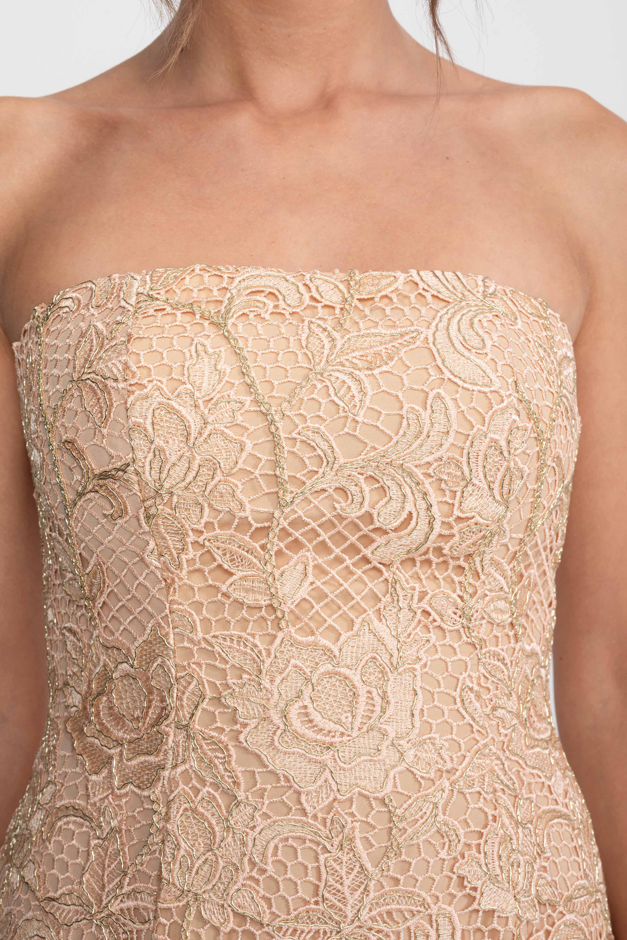 Rochie de gală cu dantelă florală, fără bretele, cu fustă amplă în linie A - Gold 