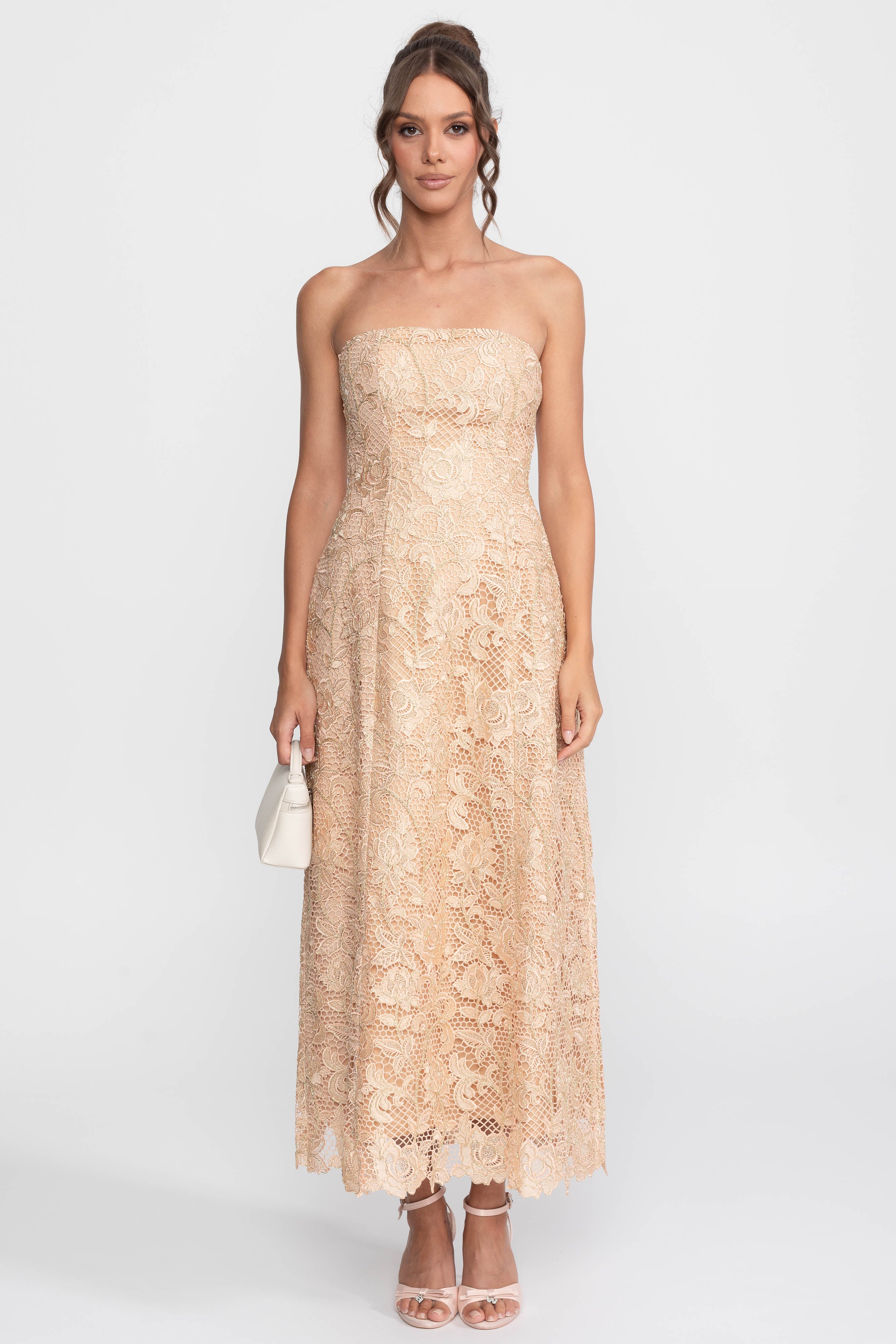 Rochie de gală cu dantelă florală, fără bretele, cu fustă amplă în linie A - Gold 