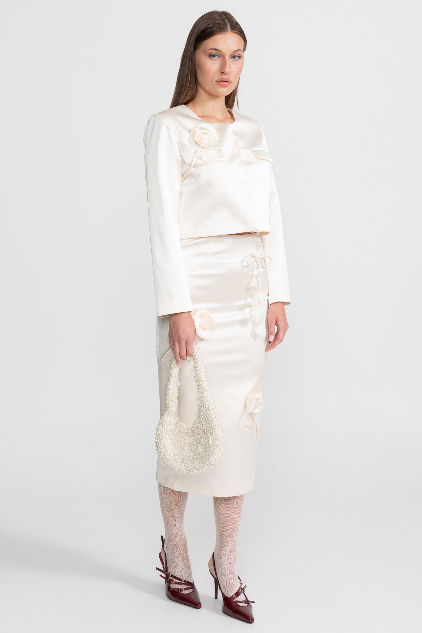 Fustă creion din tafta cu fundă și detalii florale - Ivoire 