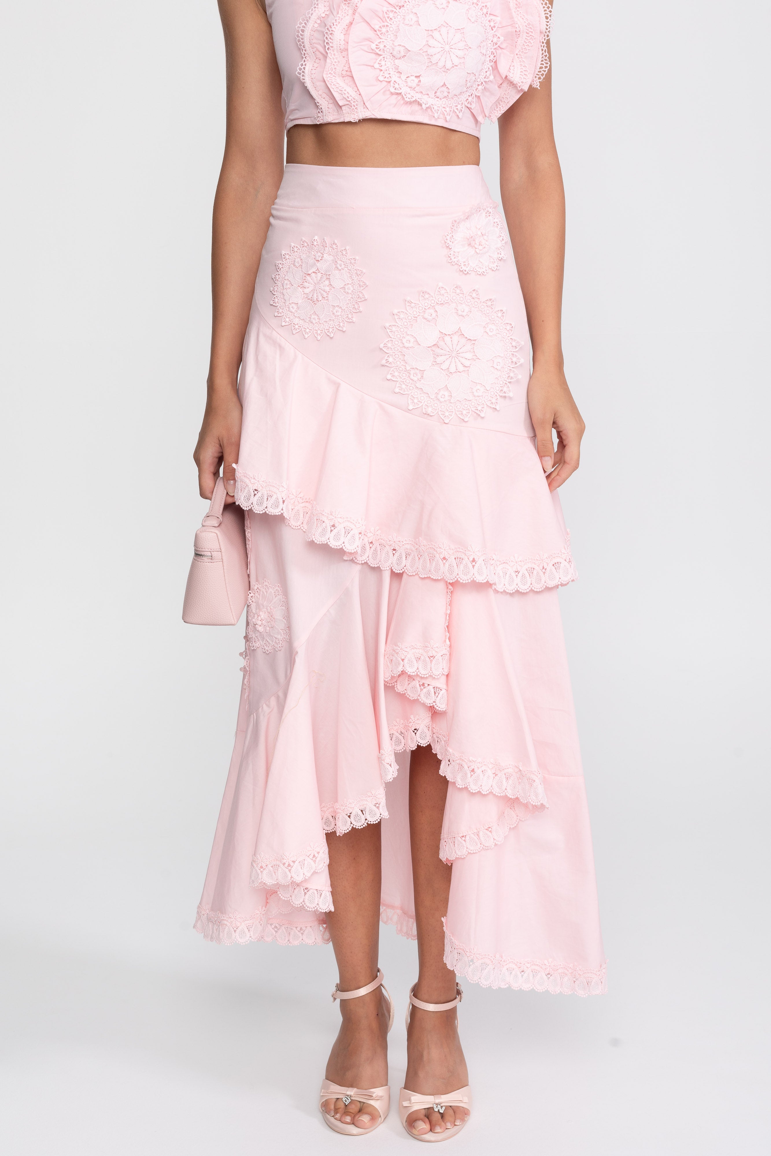 Crochet Medallion Two-Piece Set With Ruffled Maxi Skirt - Pink