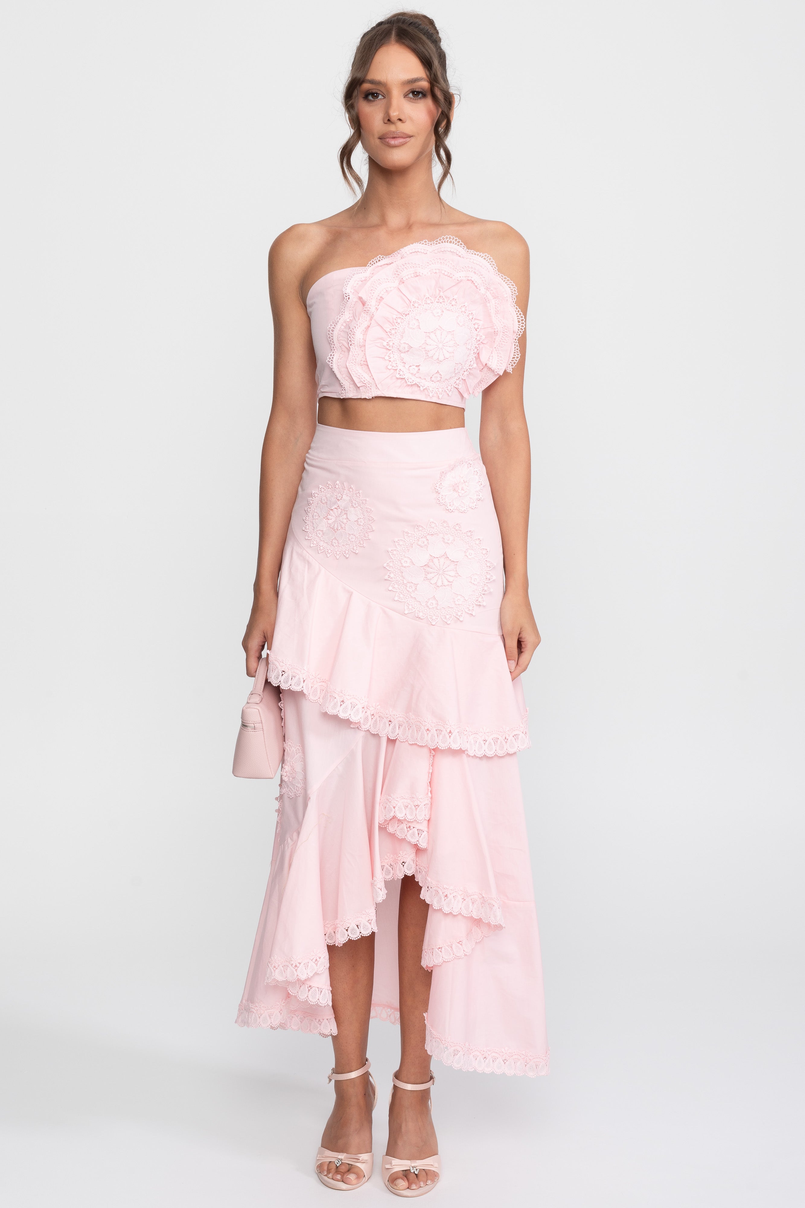 Crochet Medallion Two-Piece Set With Ruffled Maxi Skirt - Pink