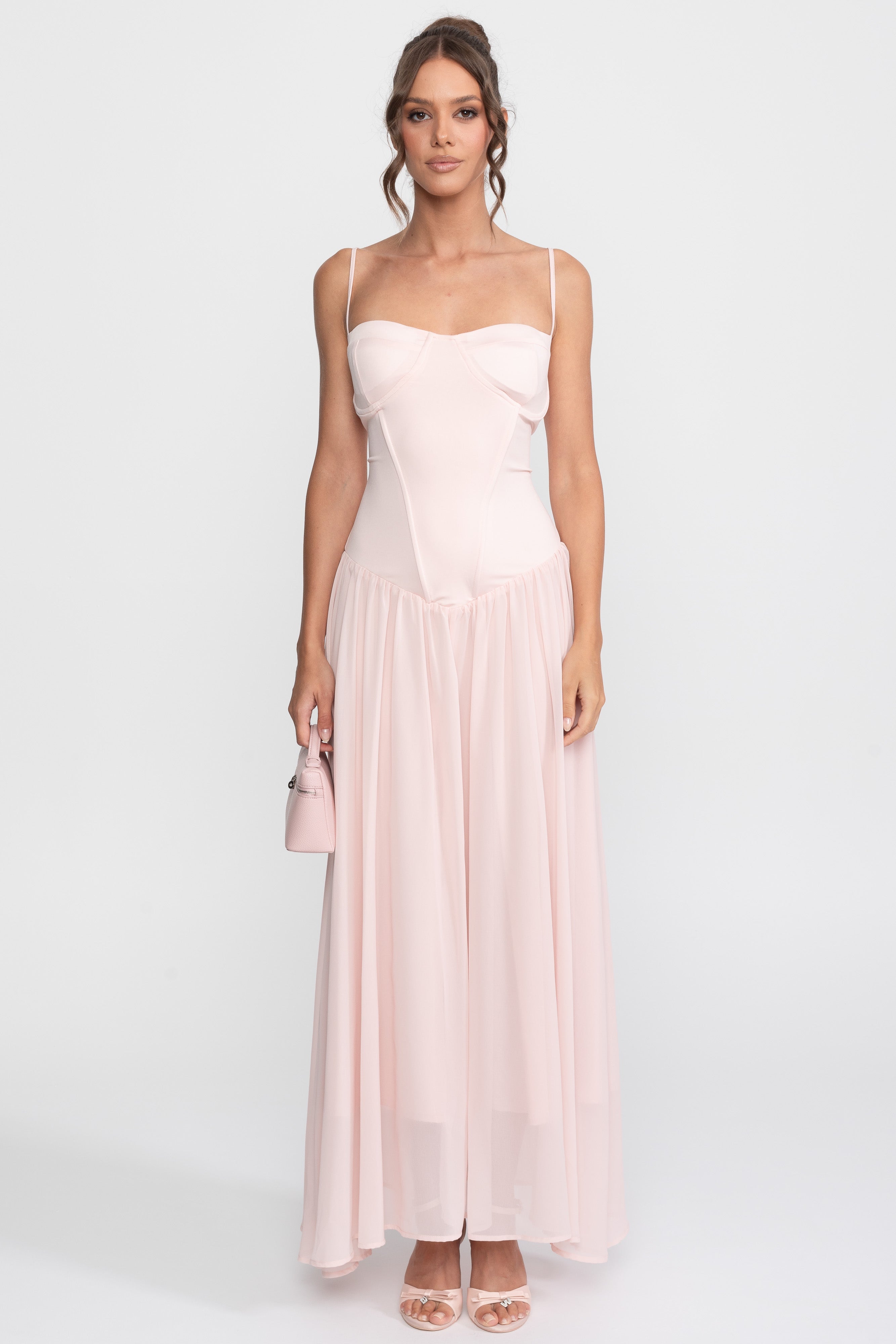 Rochie din șifon cu corset și talie coborâtă - roz 