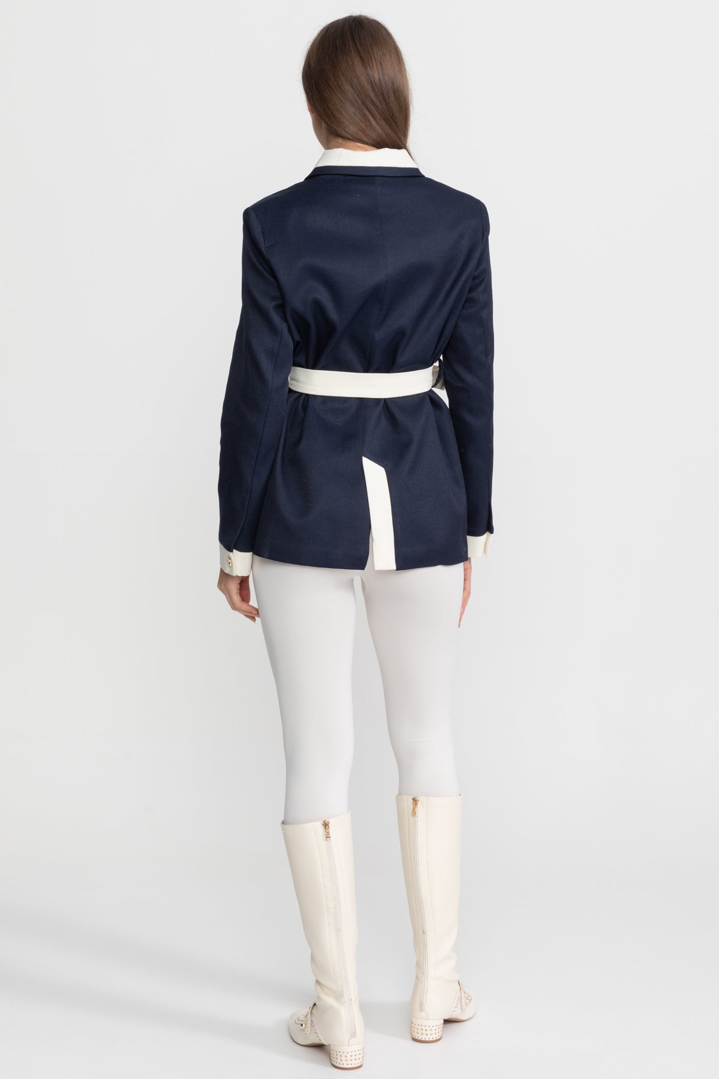 Two-Tone Tweed Jacket With Contrast Trim and Waist Belt – Navy