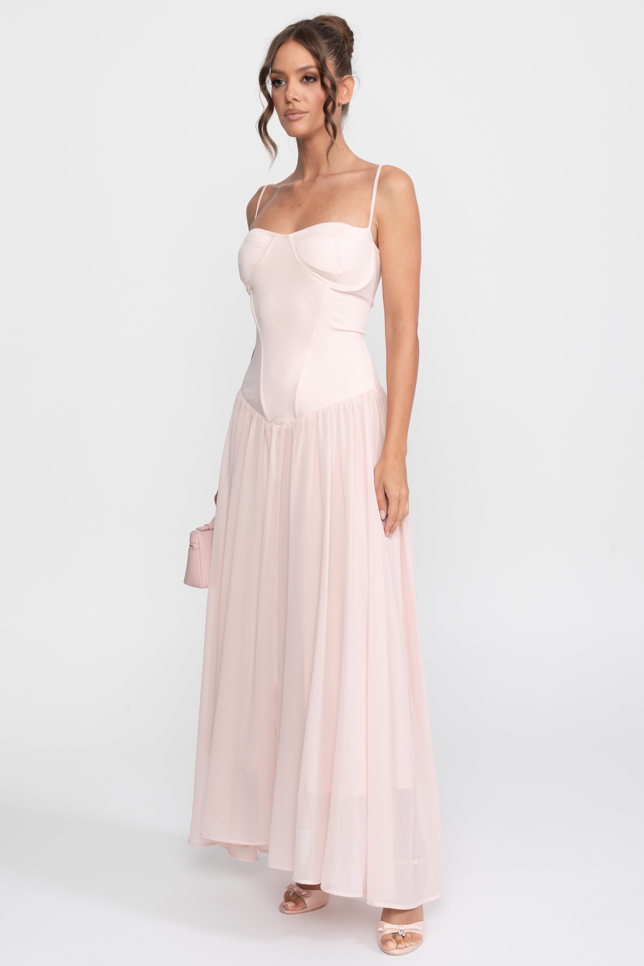 Rochie din șifon cu corset și talie coborâtă - roz 
