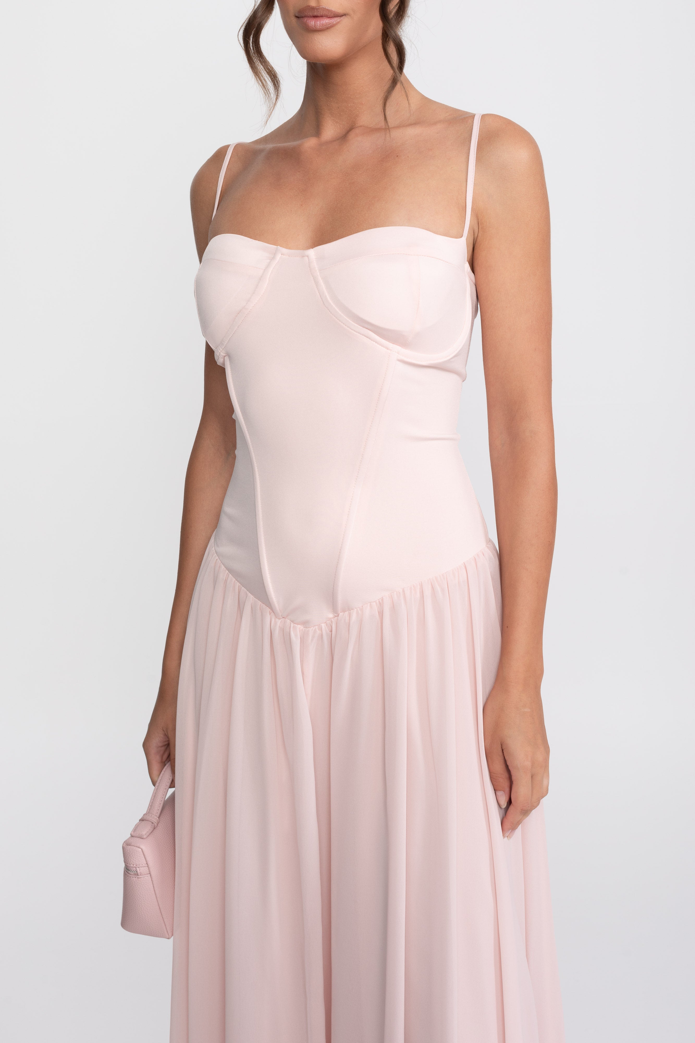 Rochie din șifon cu corset și talie coborâtă - roz 