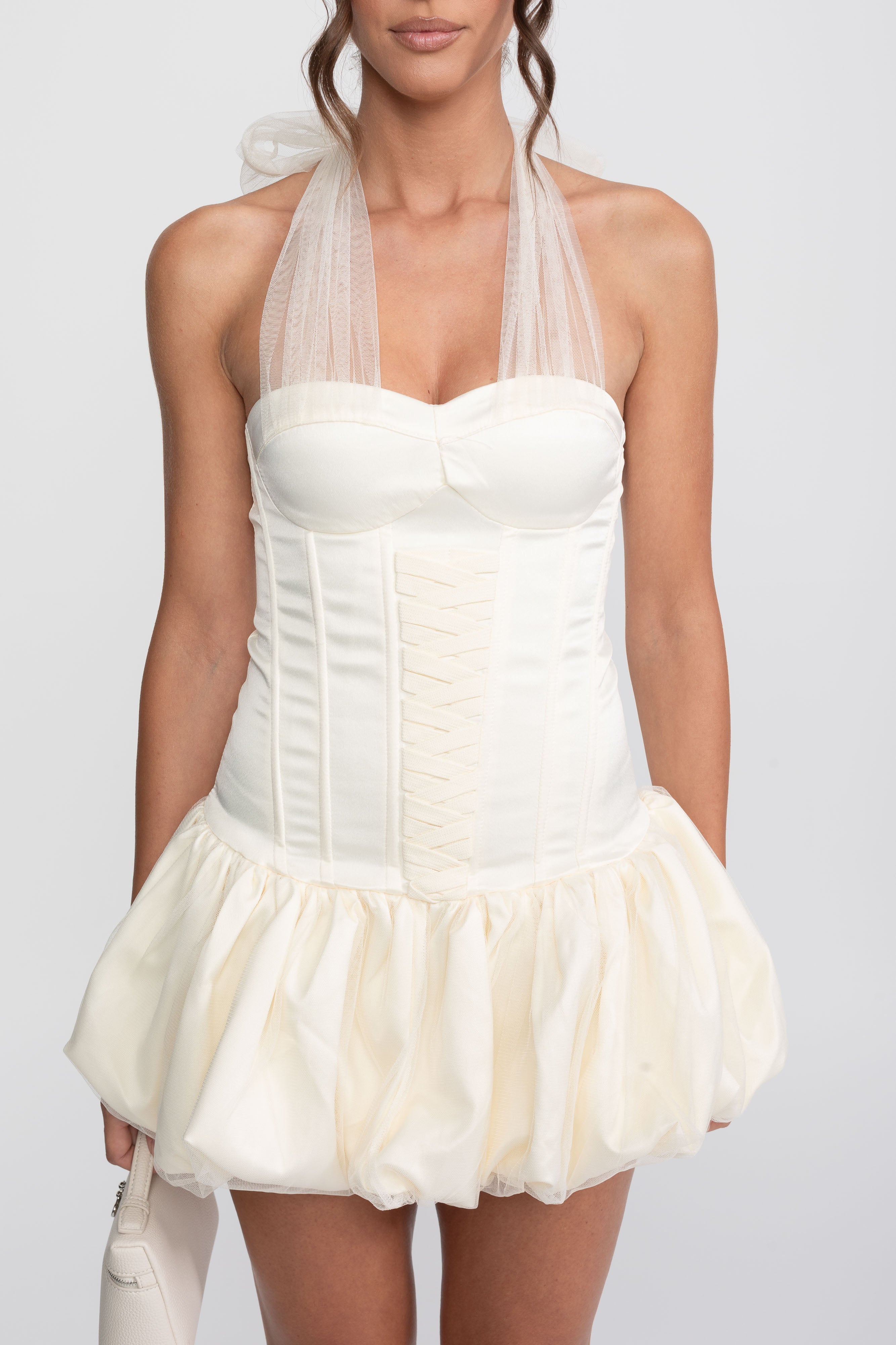 Rochie mini cu corset și tiv tip bubble, cu halter transparent cu legare la gât - Ivoire 
