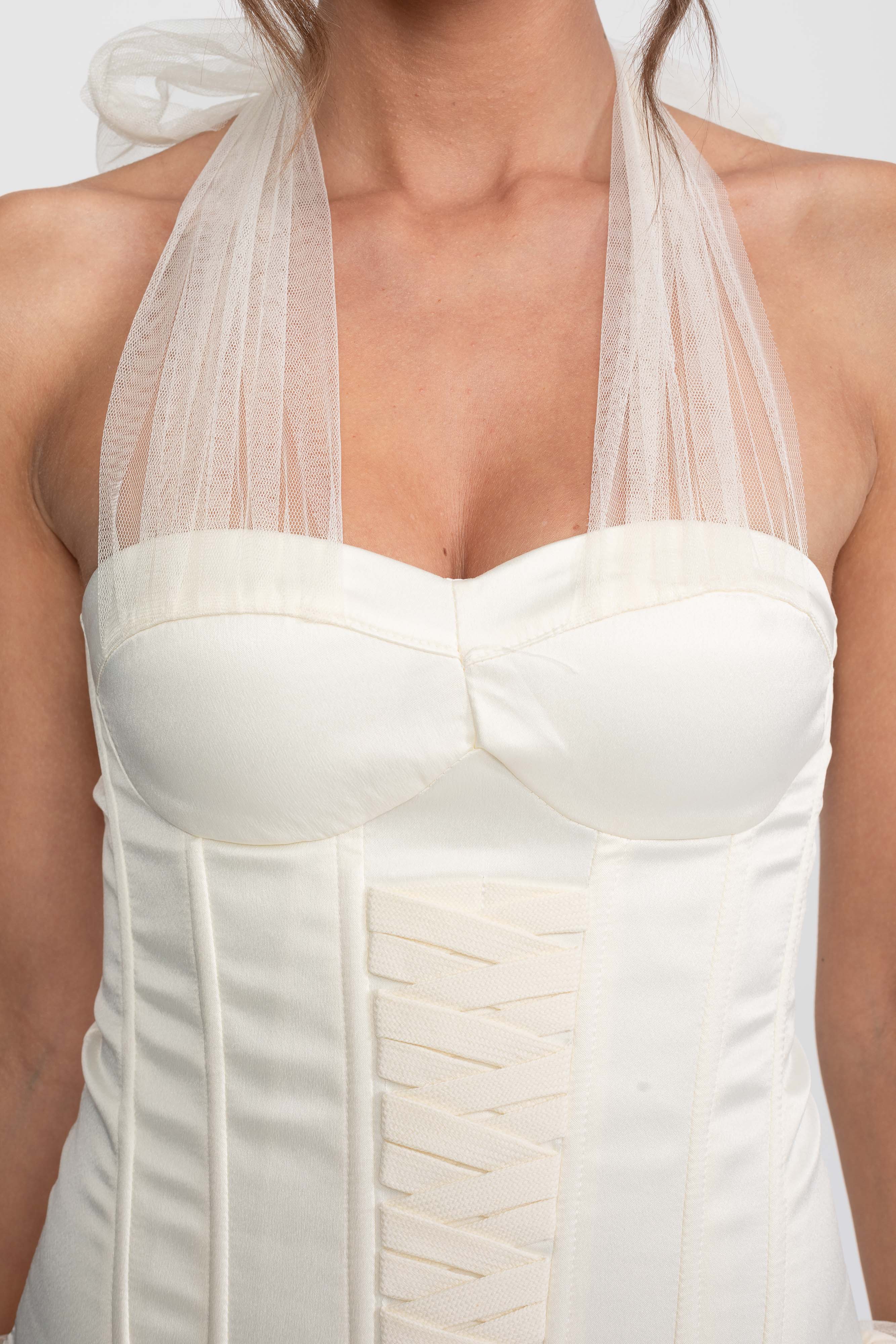 Rochie mini cu corset și tiv tip bubble, cu halter transparent cu legare la gât - Ivoire 