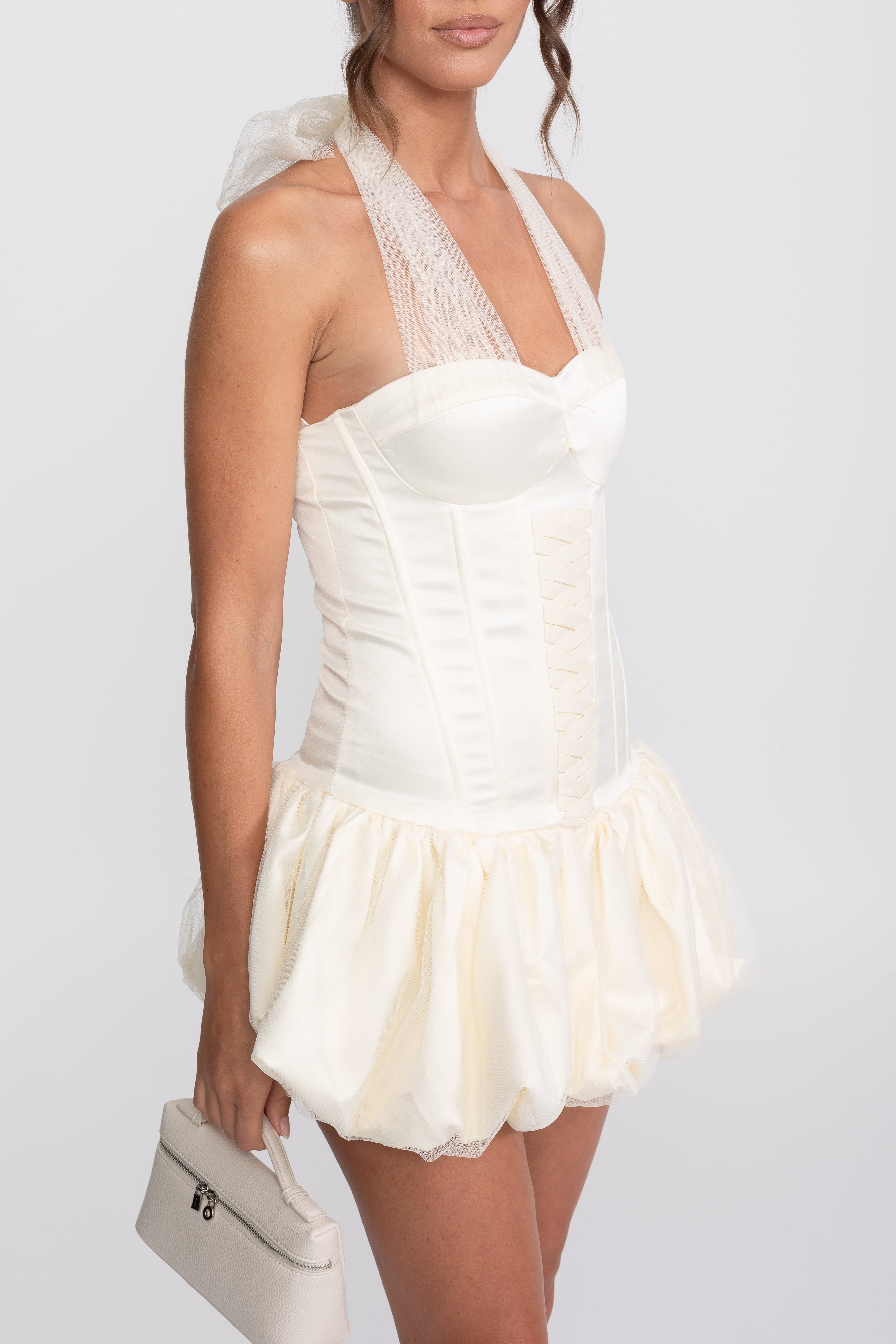 Rochie mini cu corset și tiv tip bubble, cu halter transparent cu legare la gât - Ivoire 