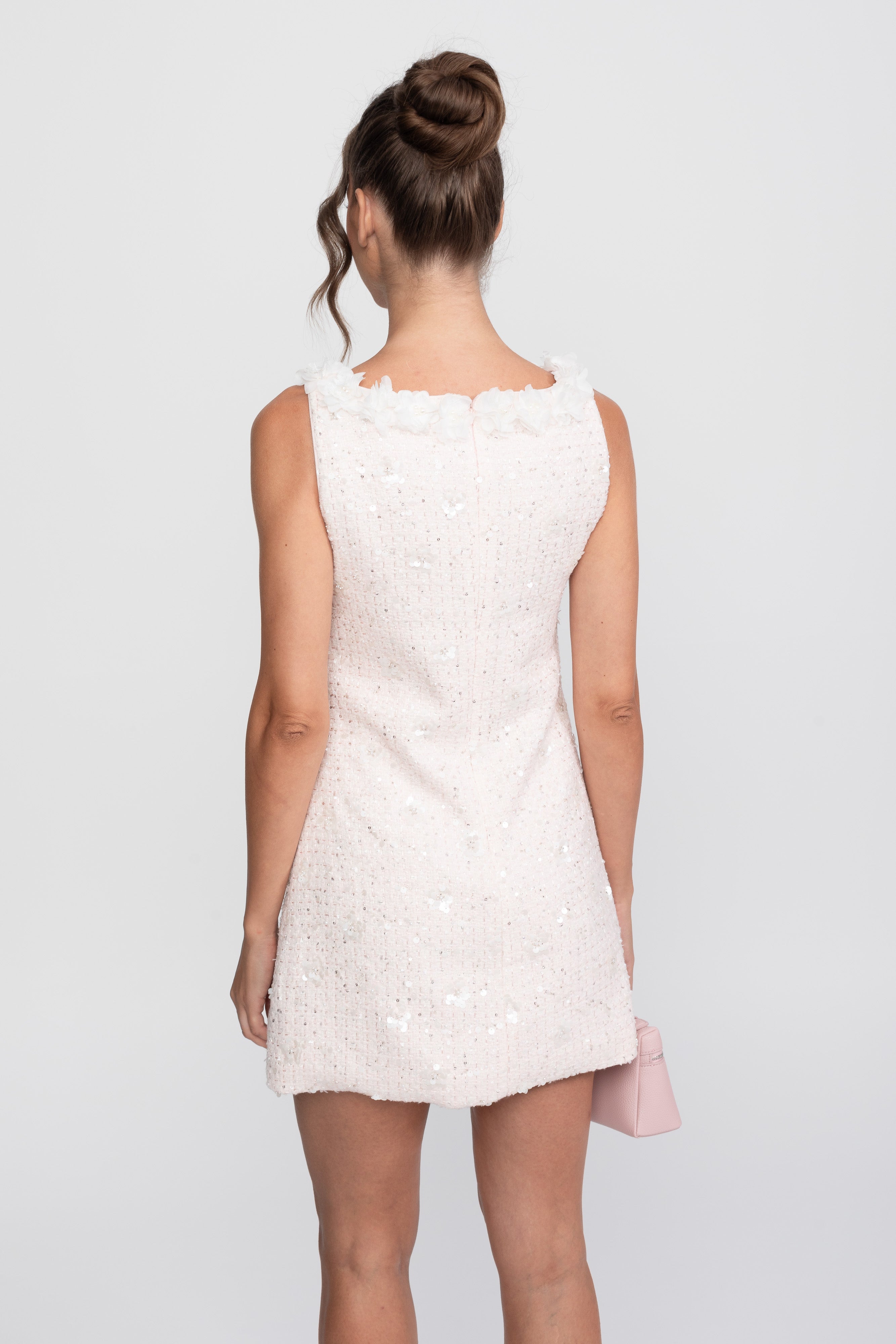 Rochie midi tricotată cu textură ribată și guler floral - roz deschis 