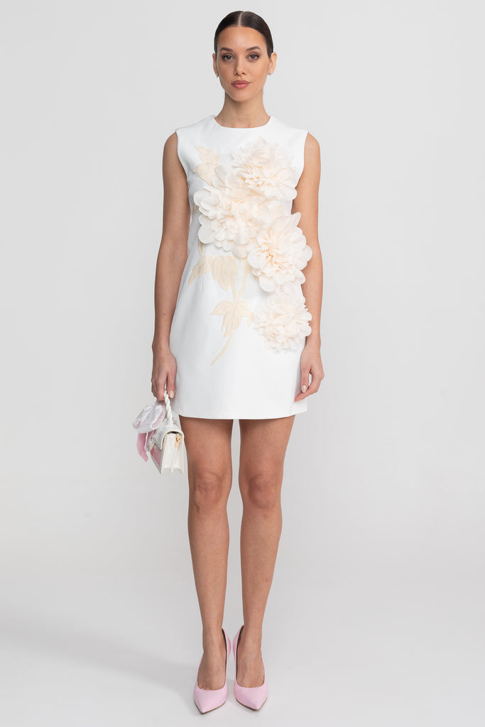 Rochie Mini Fără Mâneci cu Decolteu Rotund și Aplicație Florală 3D - Alb 