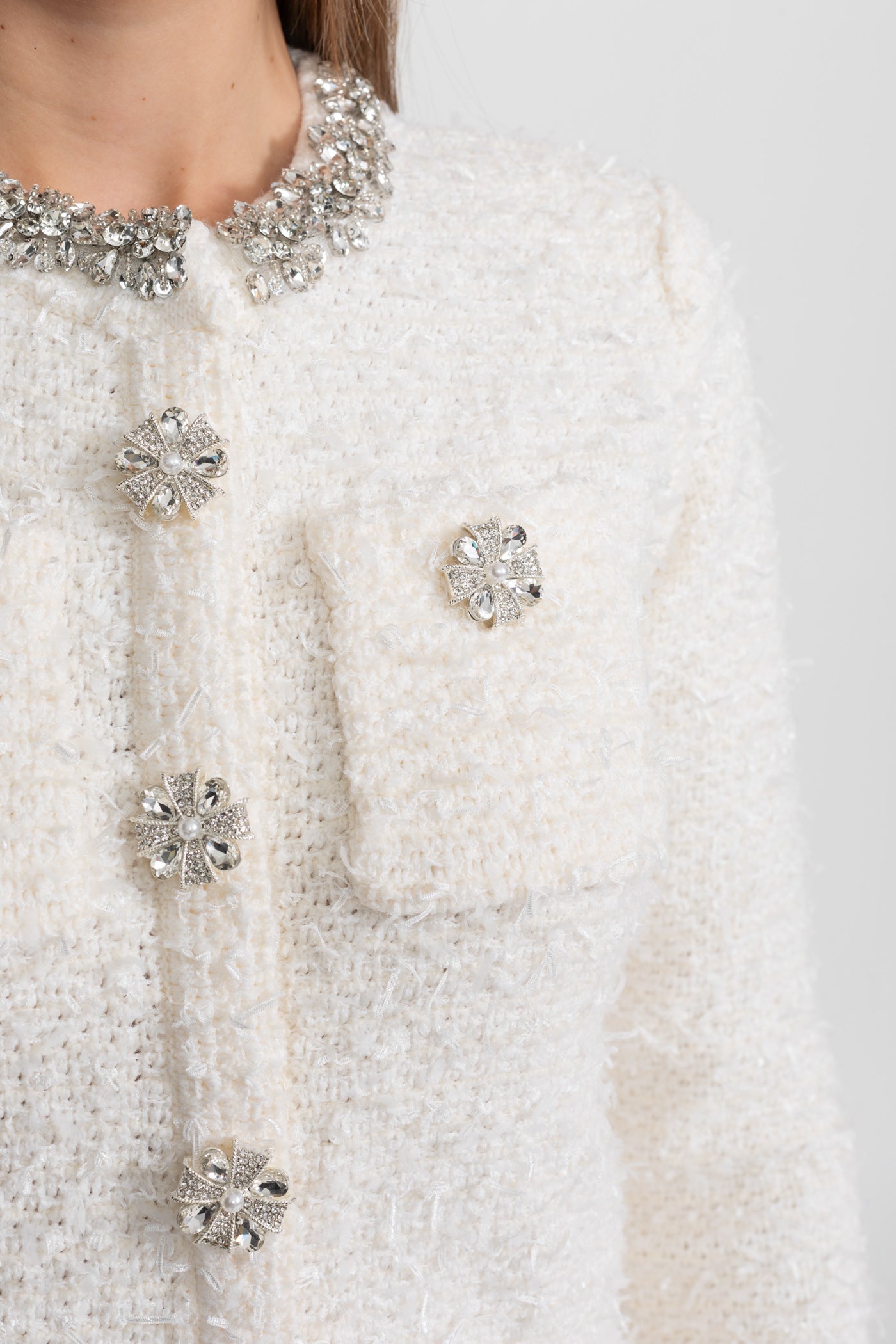 Tweed Blazer With Crystal Embellishments And Buttons - White