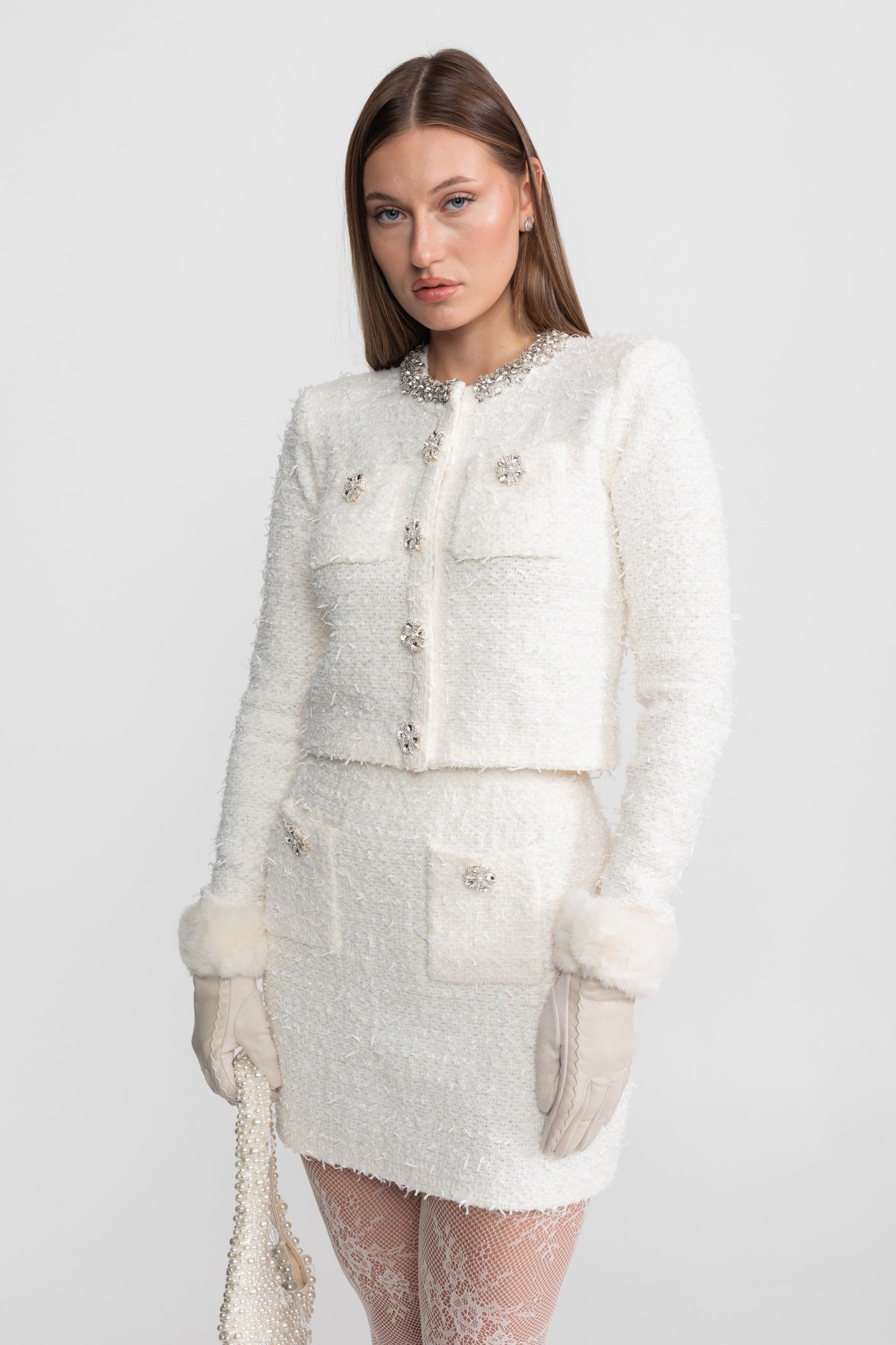 Tweed Blazer With Crystal Embellishments And Buttons - White