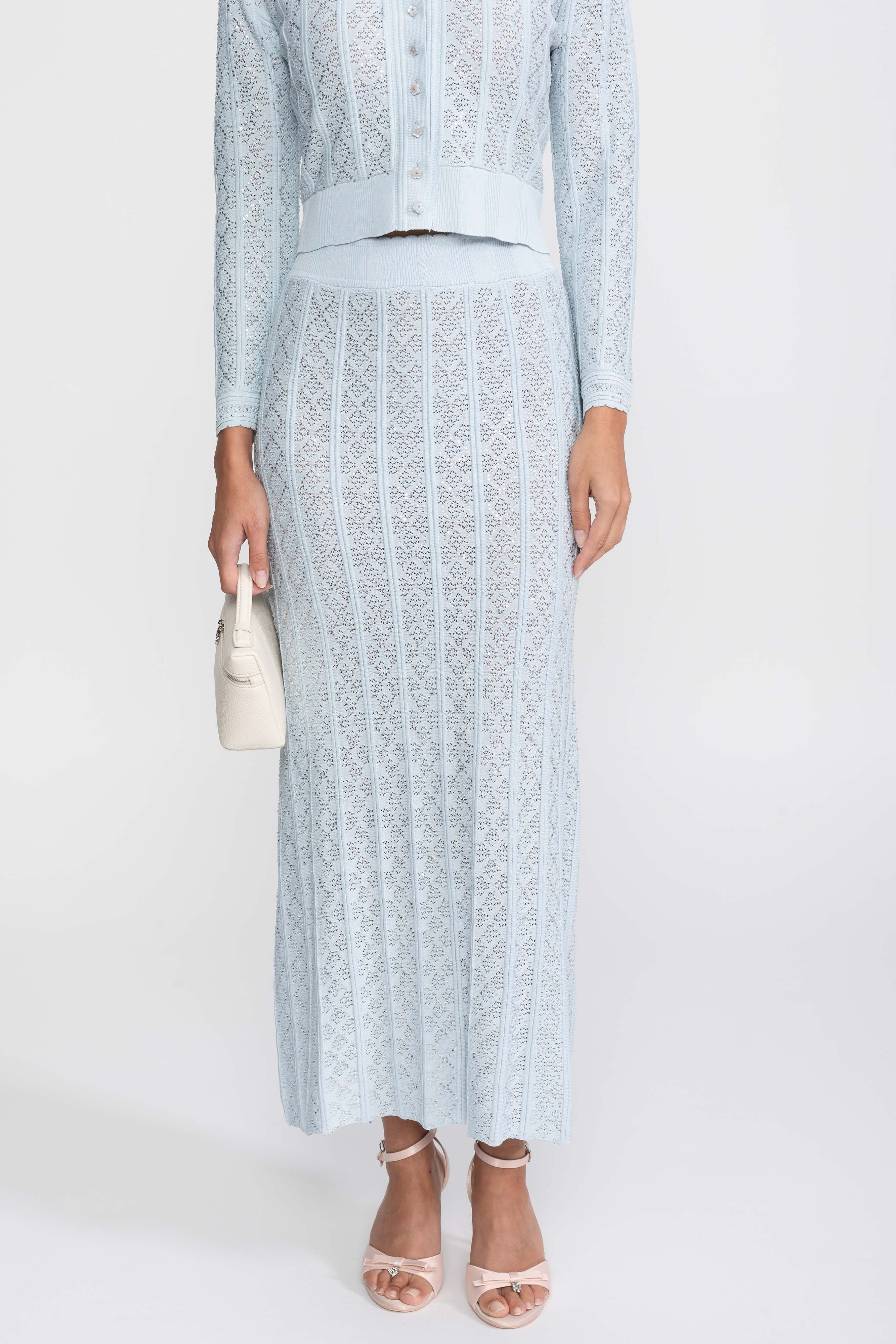 Set coordonat din tricot cu eyelet, cu cardigan și fustă maxi - light blue 