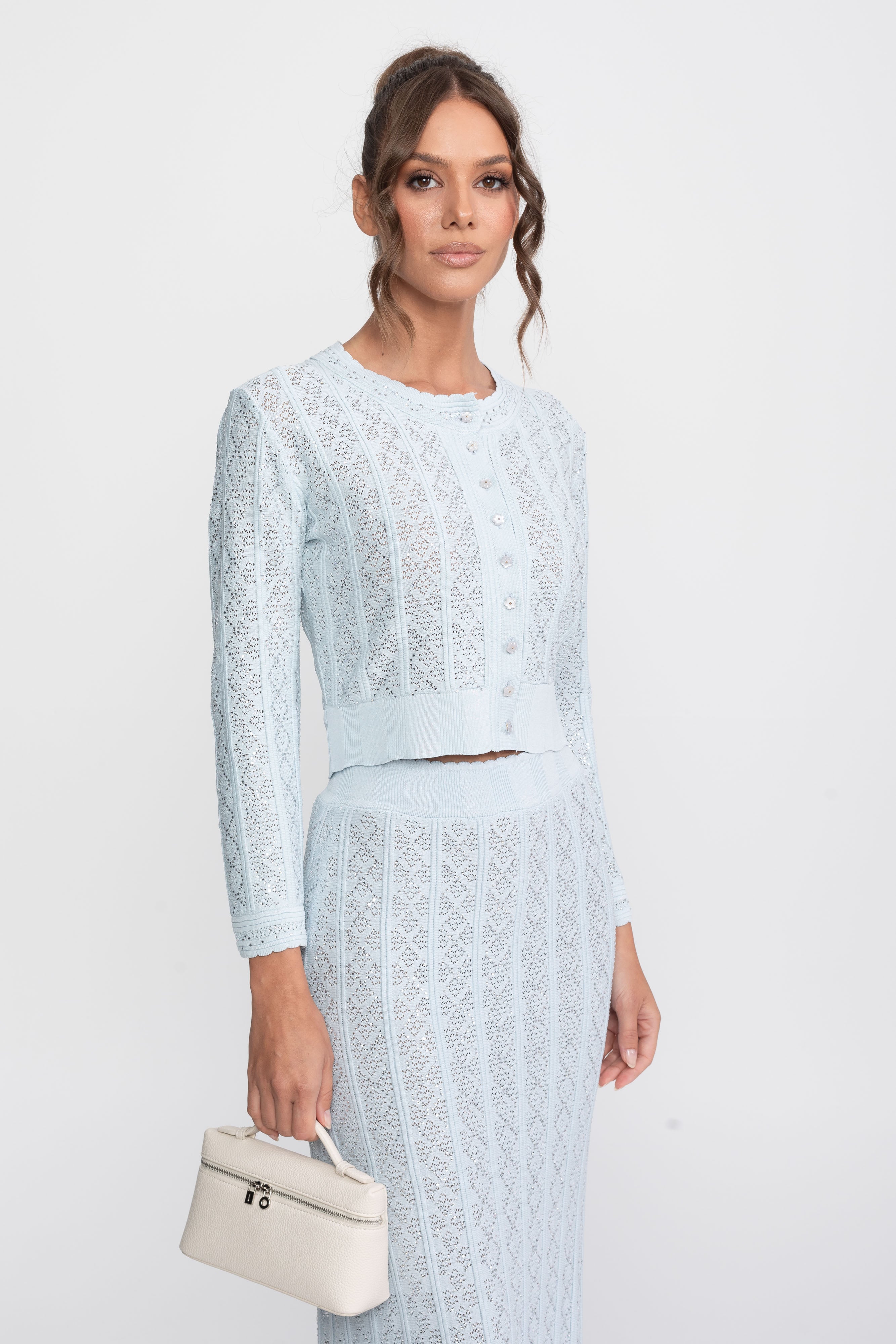 Set coordonat din tricot cu eyelet, cu cardigan și fustă maxi - light blue 
