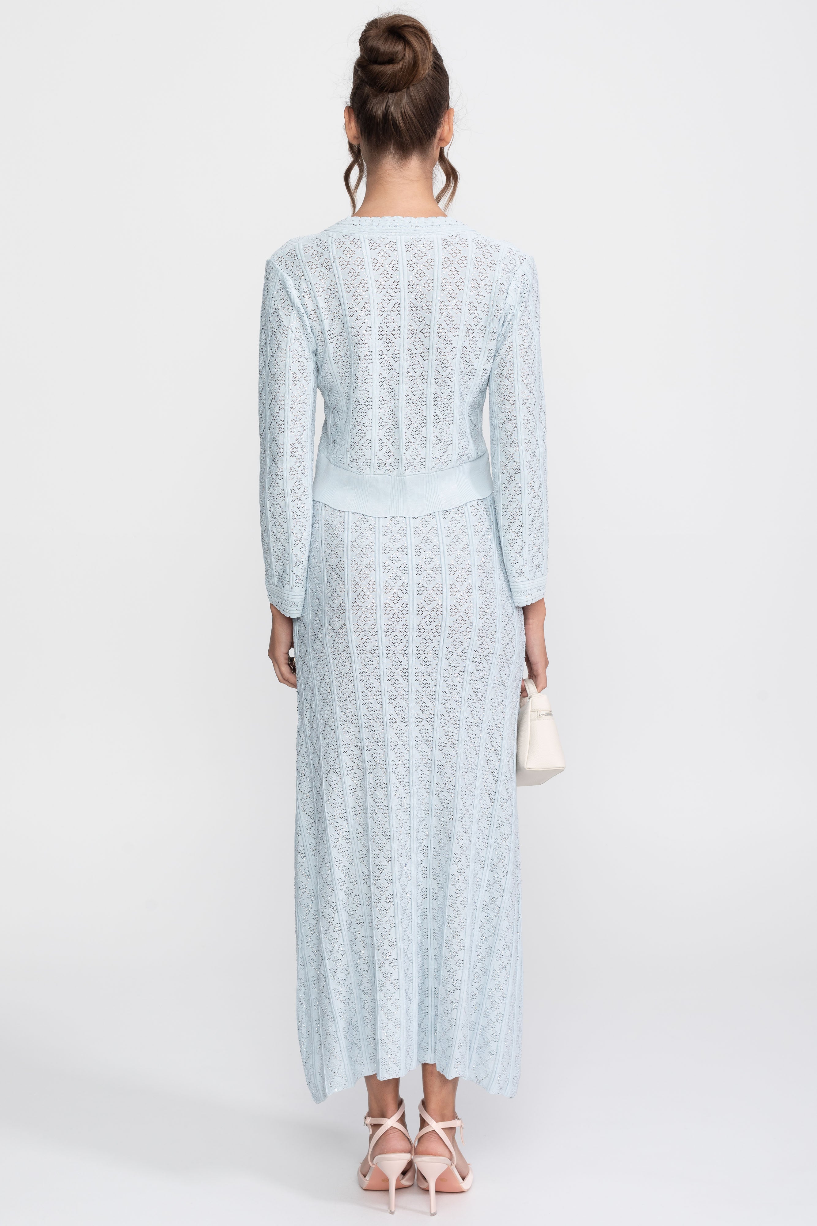 Set coordonat din tricot cu eyelet, cu cardigan și fustă maxi - light blue 