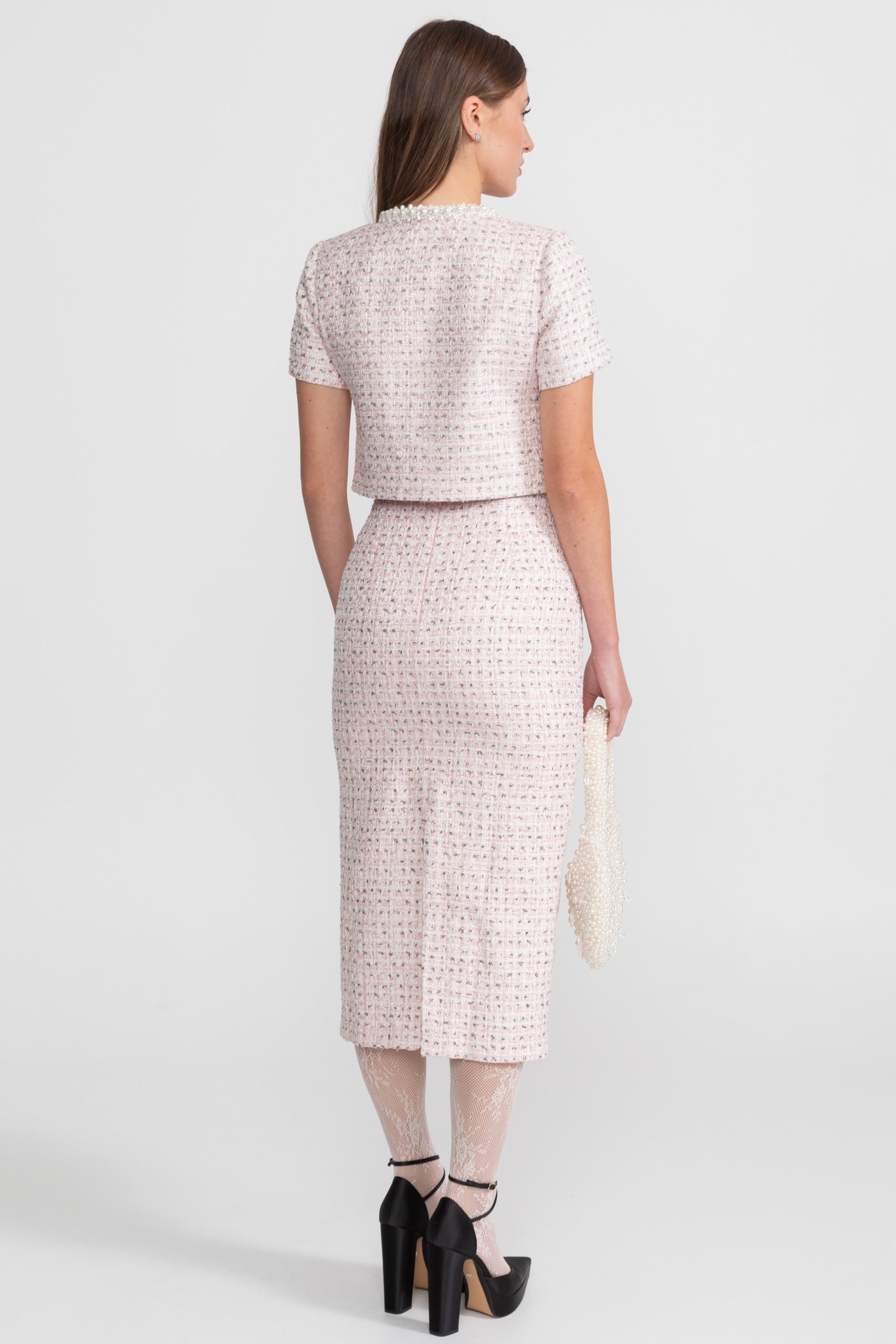 Short Sleeve Pearl-Embellished Top With Sparkling Buttons - Pink