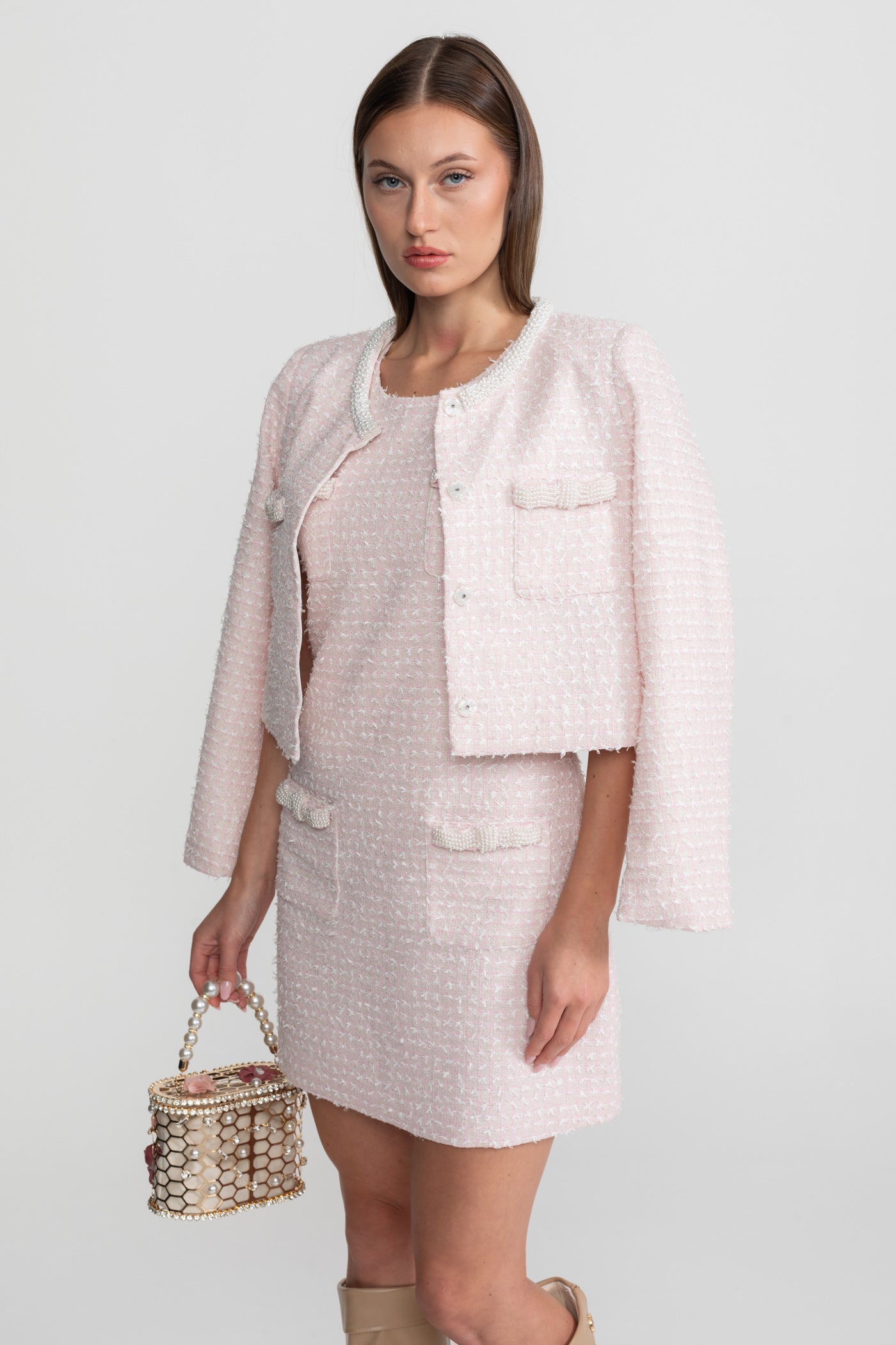Embellished Tweed Jacket With Delicate Pearl Trim - Light Pink