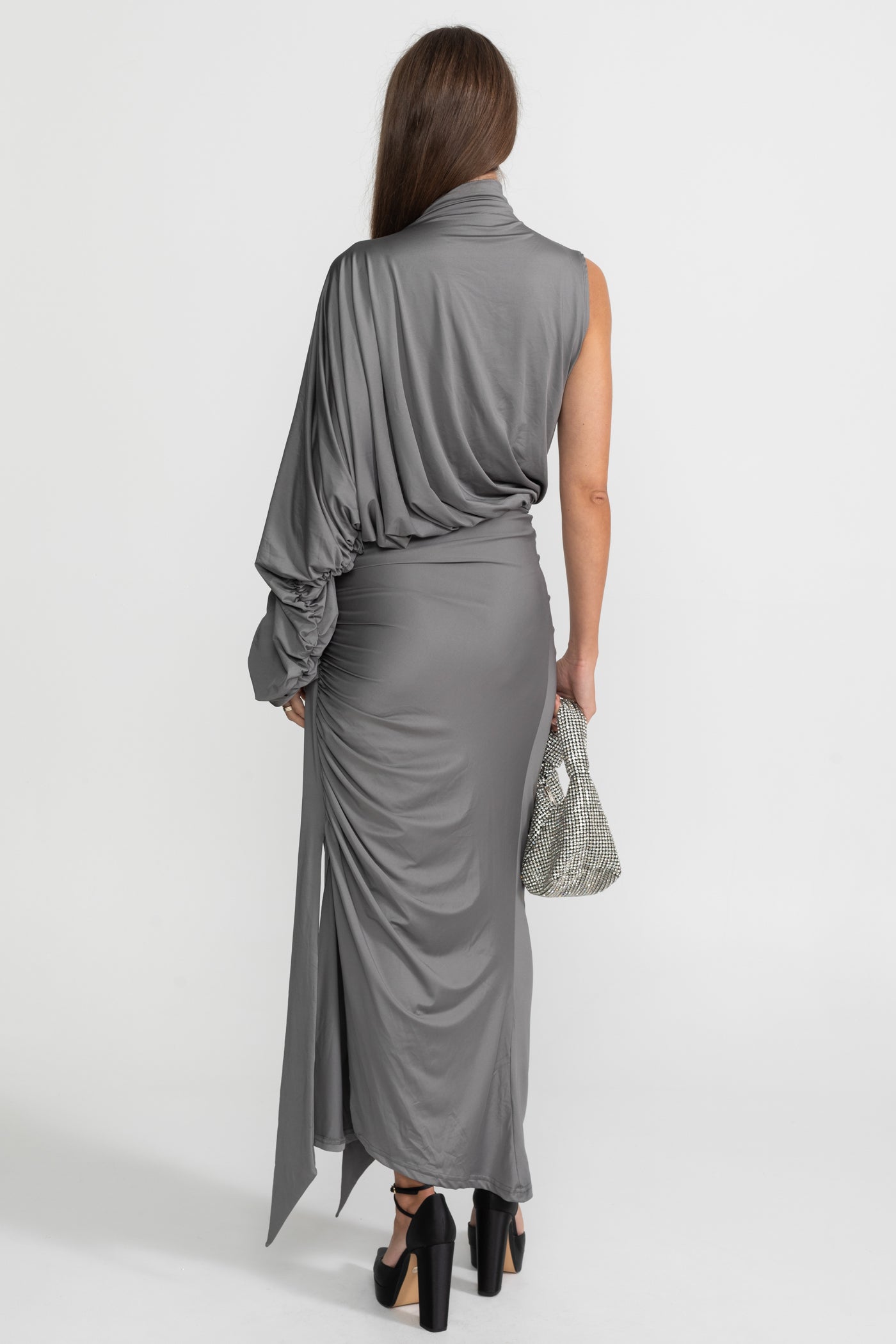Draped Asymmetric Top and Ruched Maxi Skirt Co-Ord Set – Steel Grey