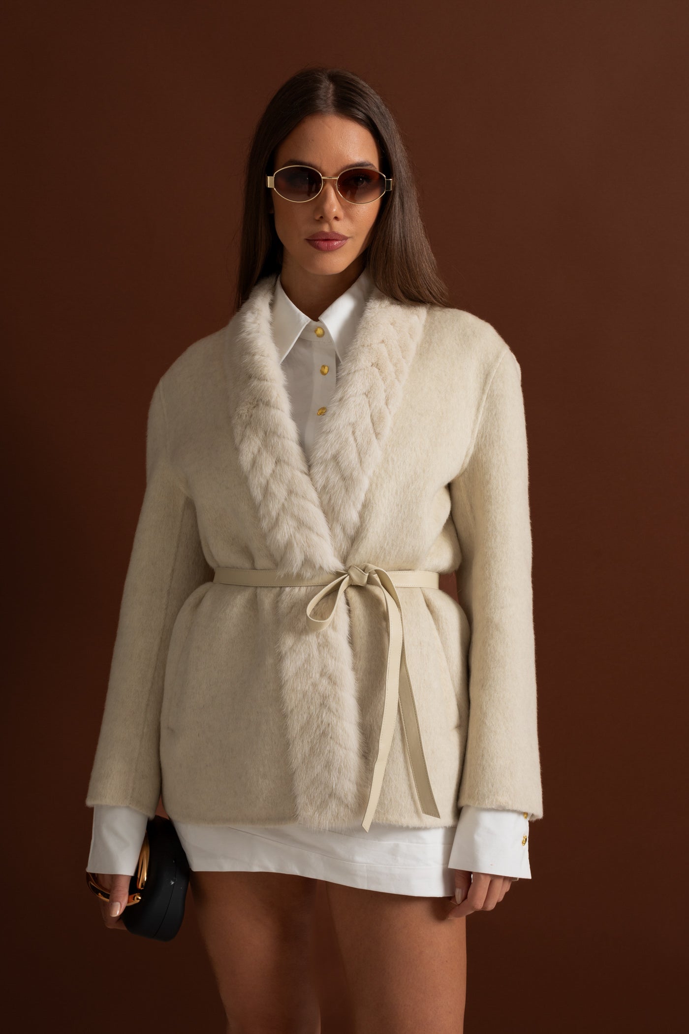 Luxurious Wool Trim Jacket With Belted Waist and Sable Fur – Ivoire