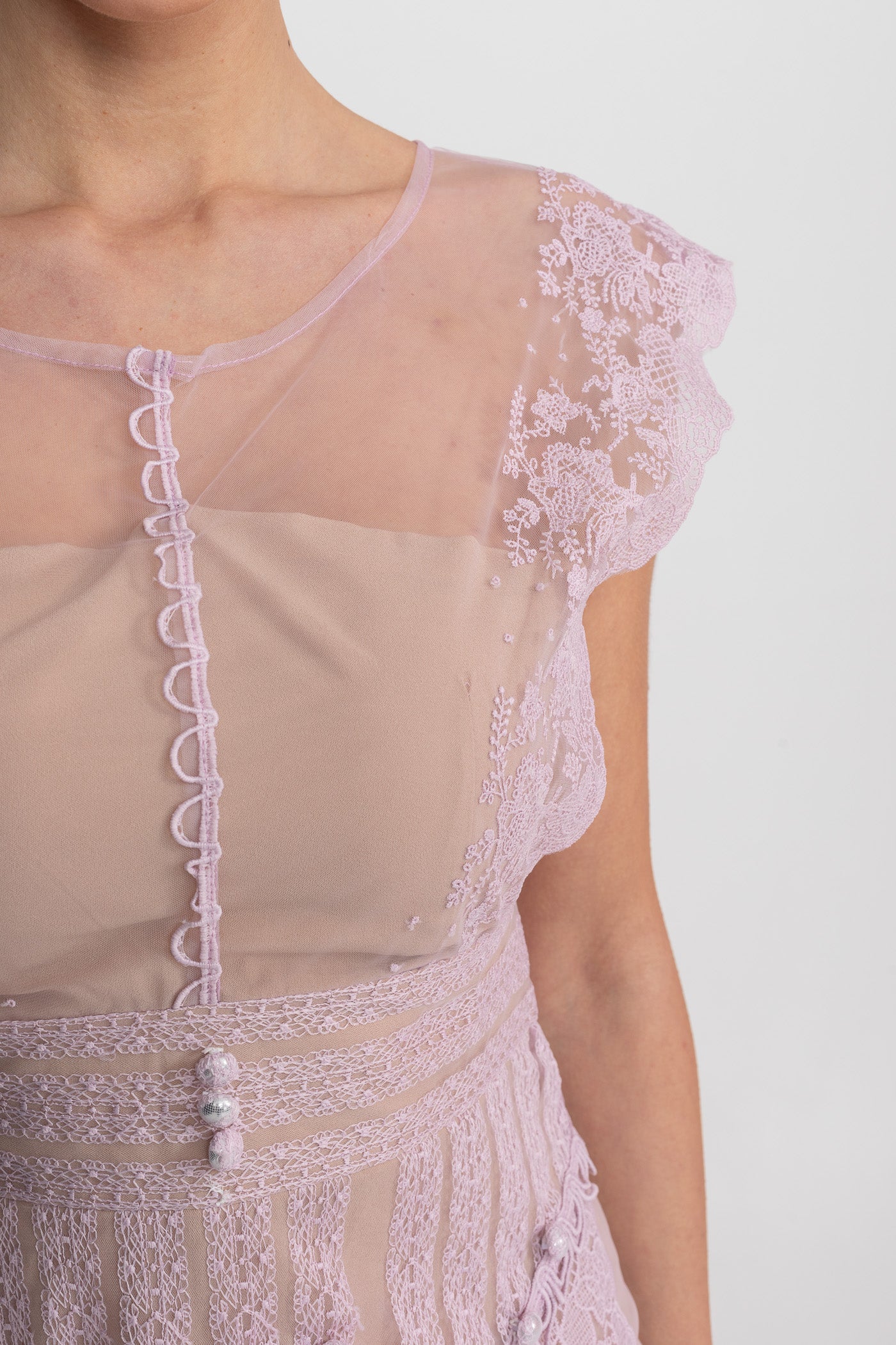 Cap Sleeve Mini Dress With Sheer Yoke And Pearl Button Detail - Lilac