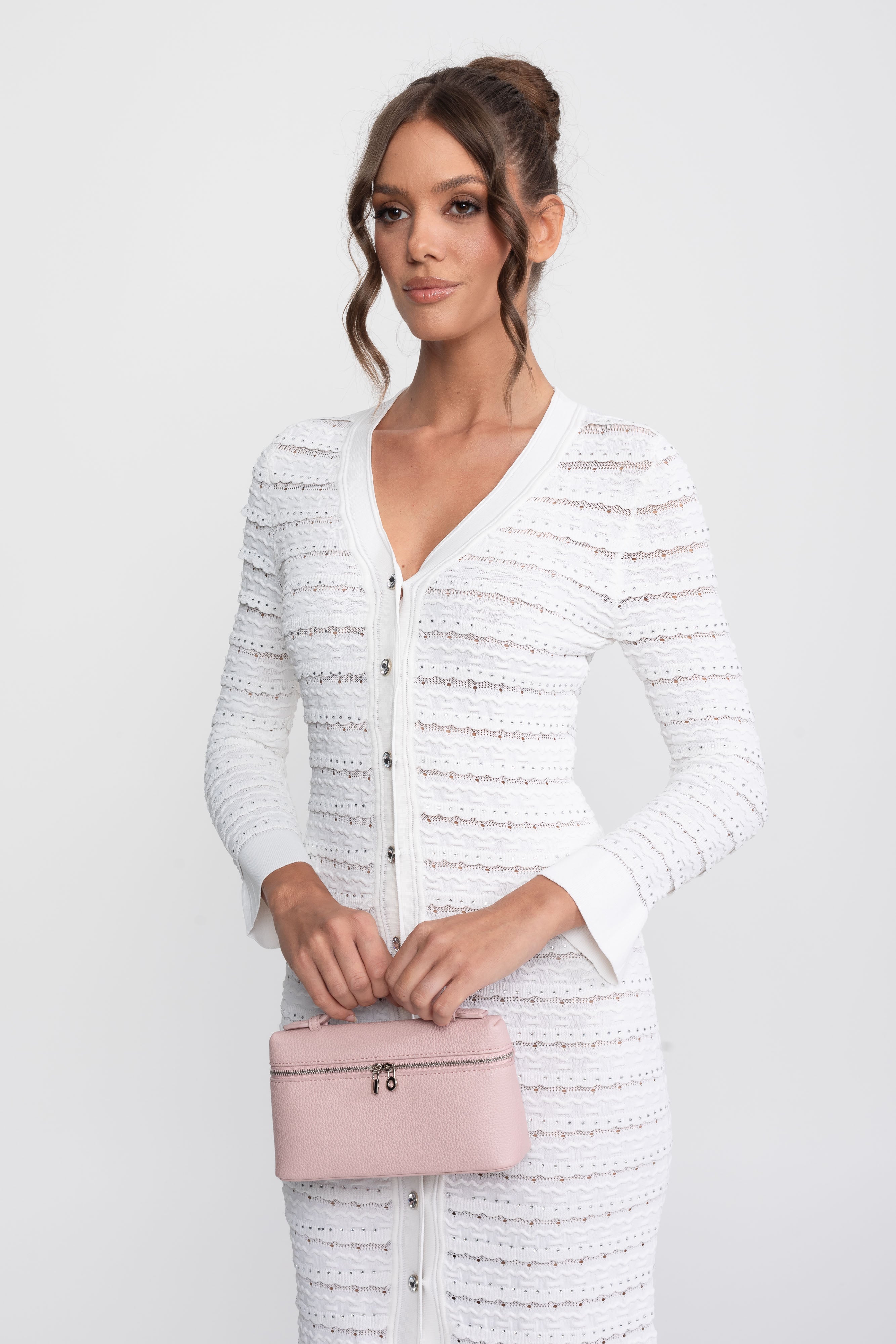 Textured Knit Maxi Cardigan Dress With Crystal Button - White