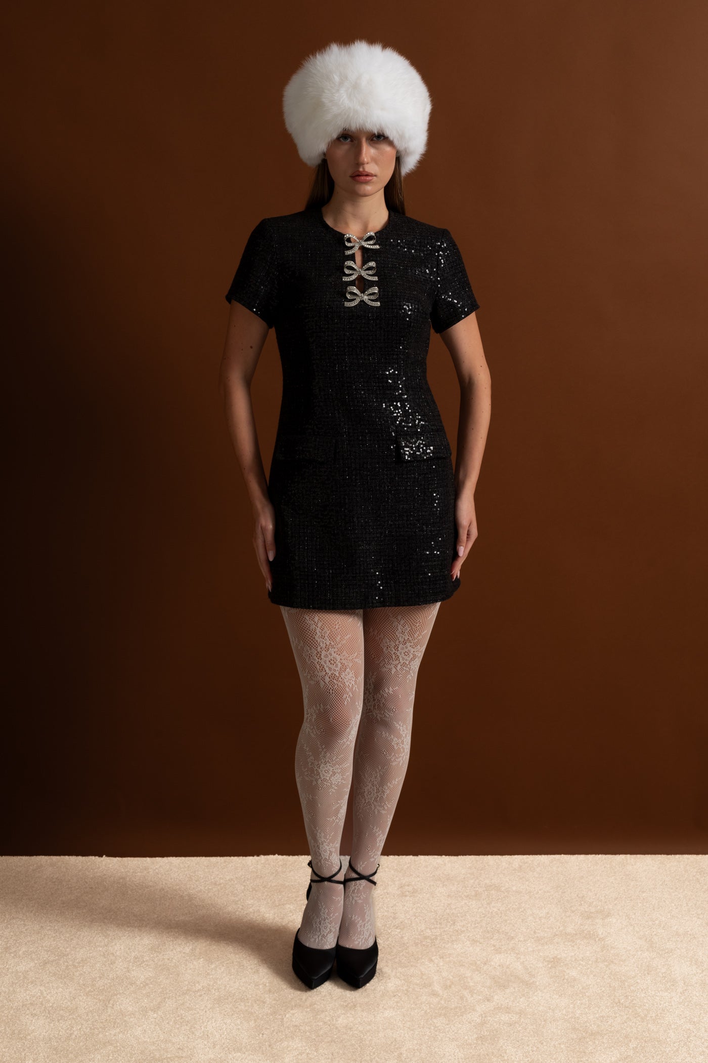 Sequin Mini Dress with Crystal Bow Accents - Black