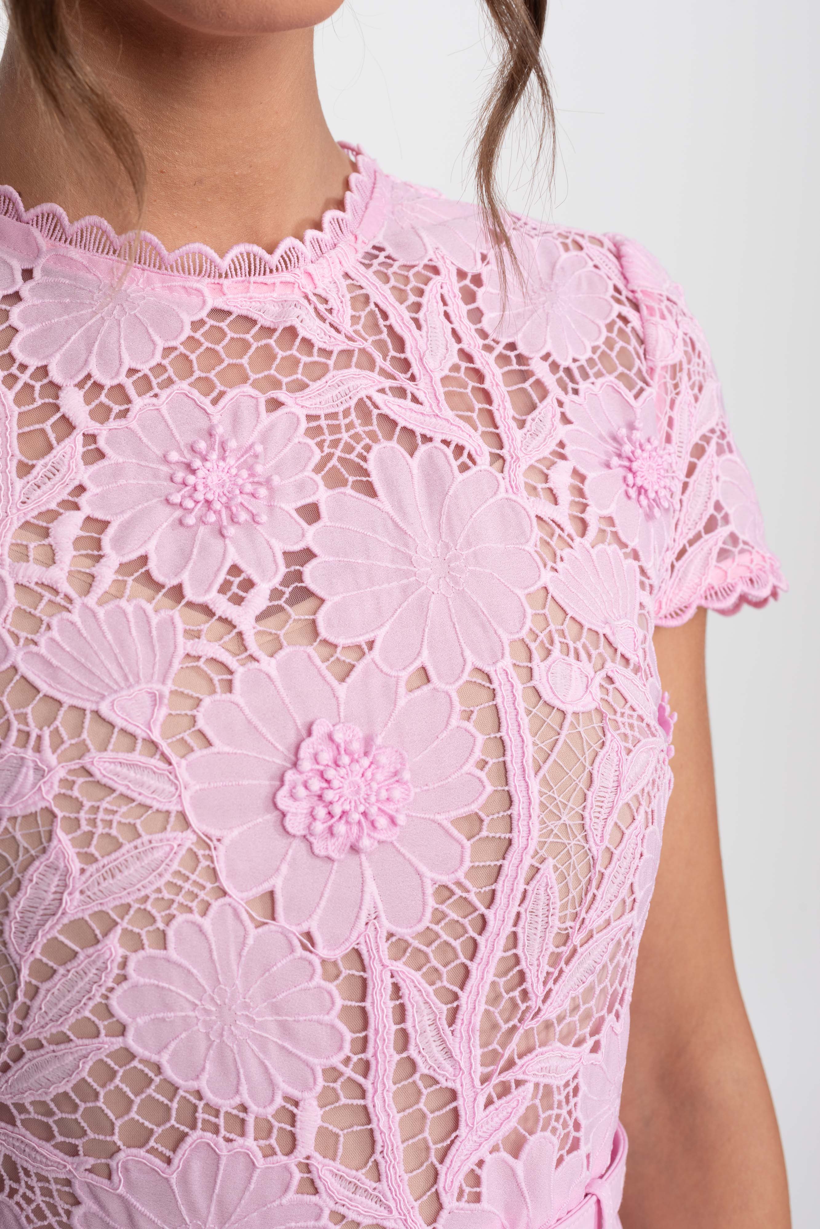 Floral Lace Belted Dress With Scalloped Round Neckline - Pink
