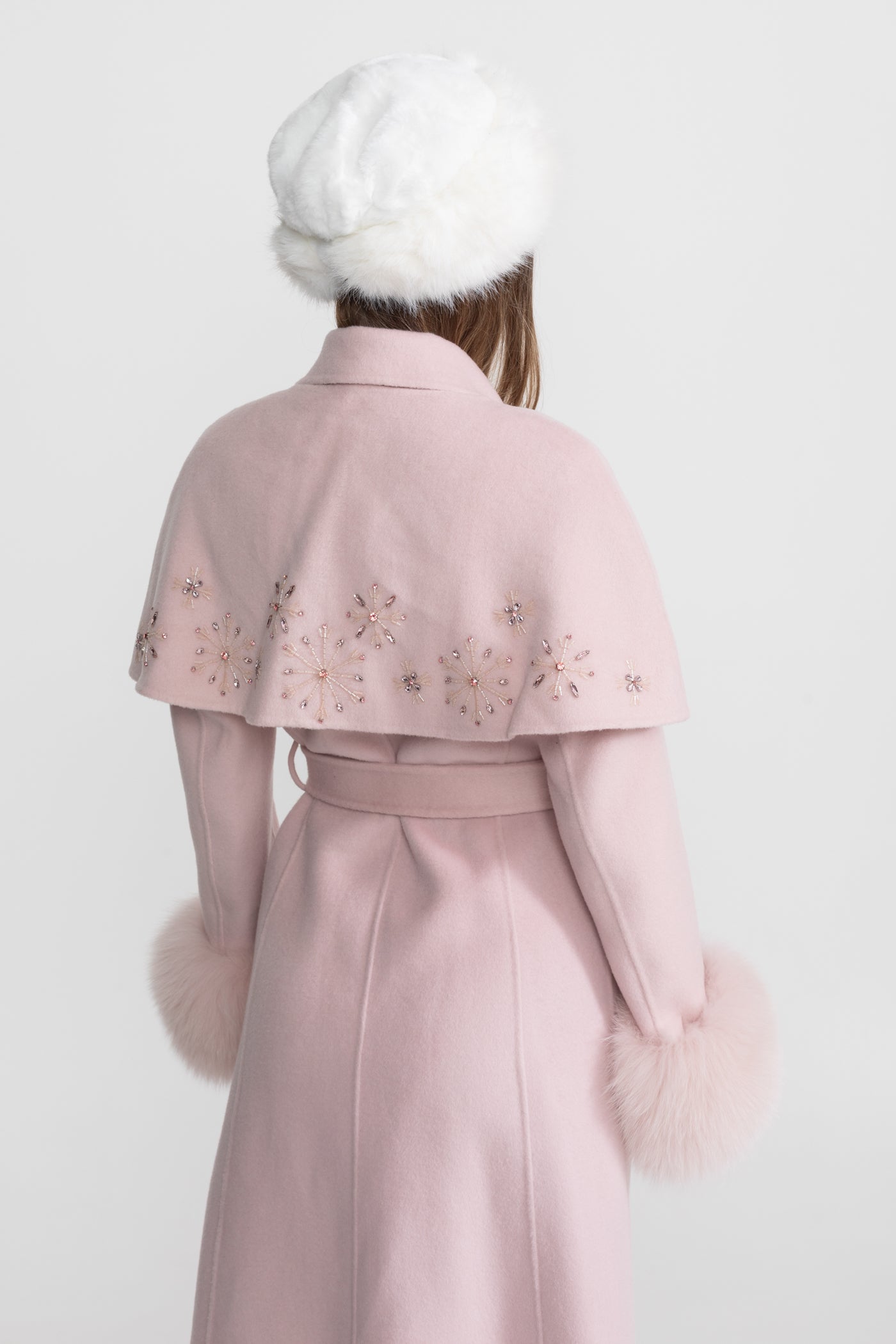 Embellished Wool Coat with Fox Fur Cuffs And Cape Overlay - Pink
