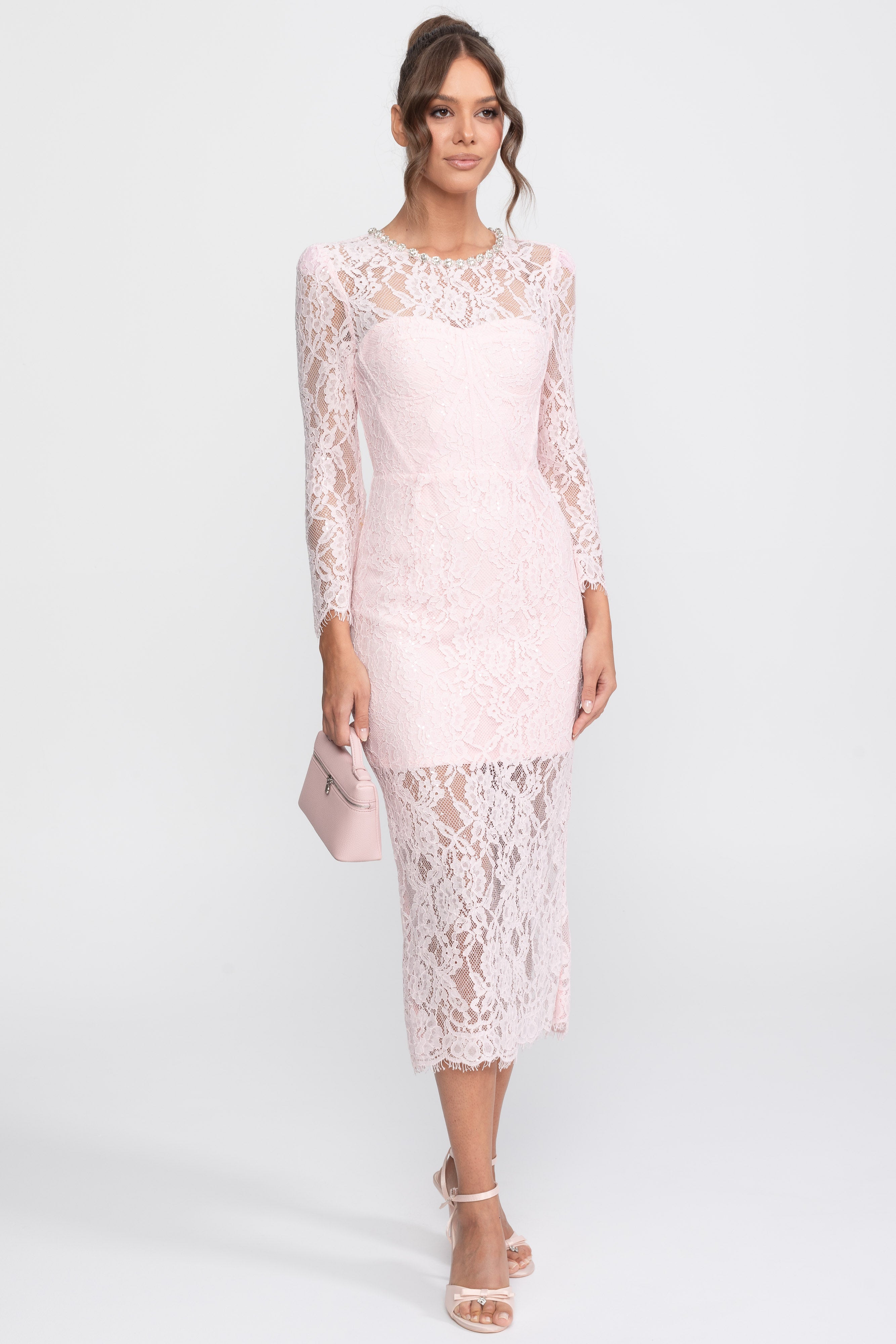 Rochie midi cu inserții de dantelă și decolteu cu cristale - roz 