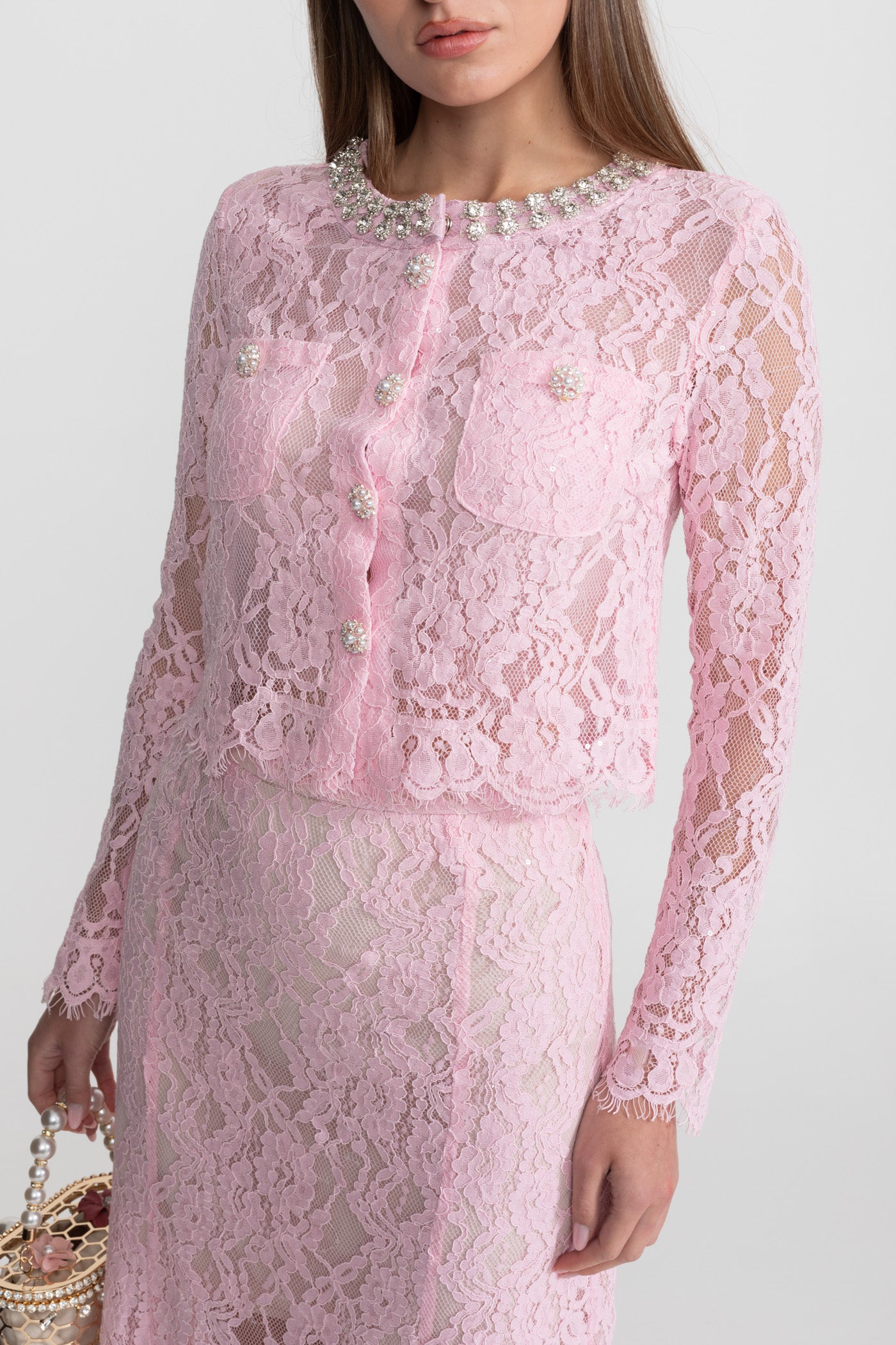 Lace Co-ord Set with Embellished Collar and Buttons - Pink