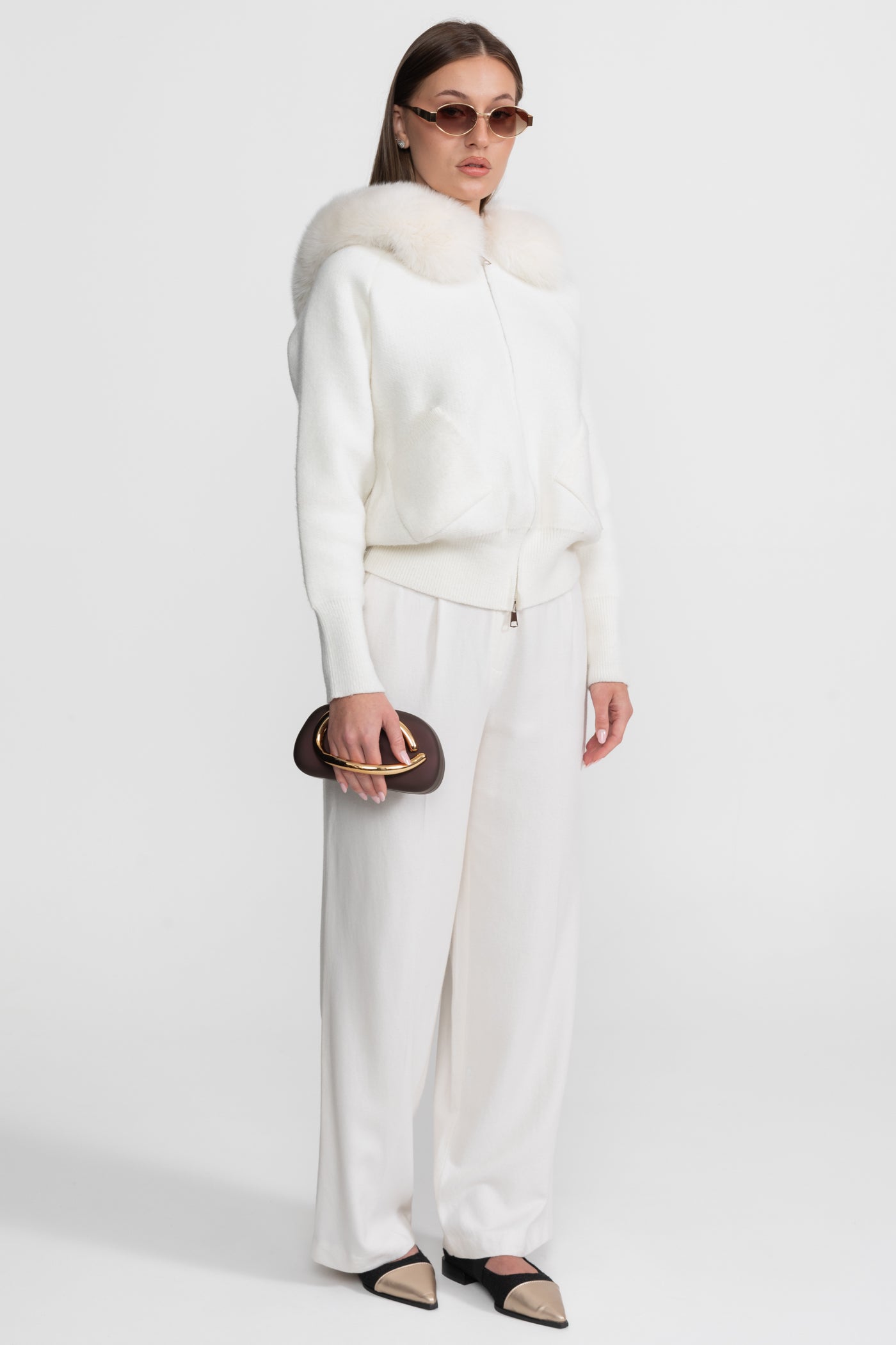 Zip-Up Wool Hoodie With Fox Fur Collar – Ivoire