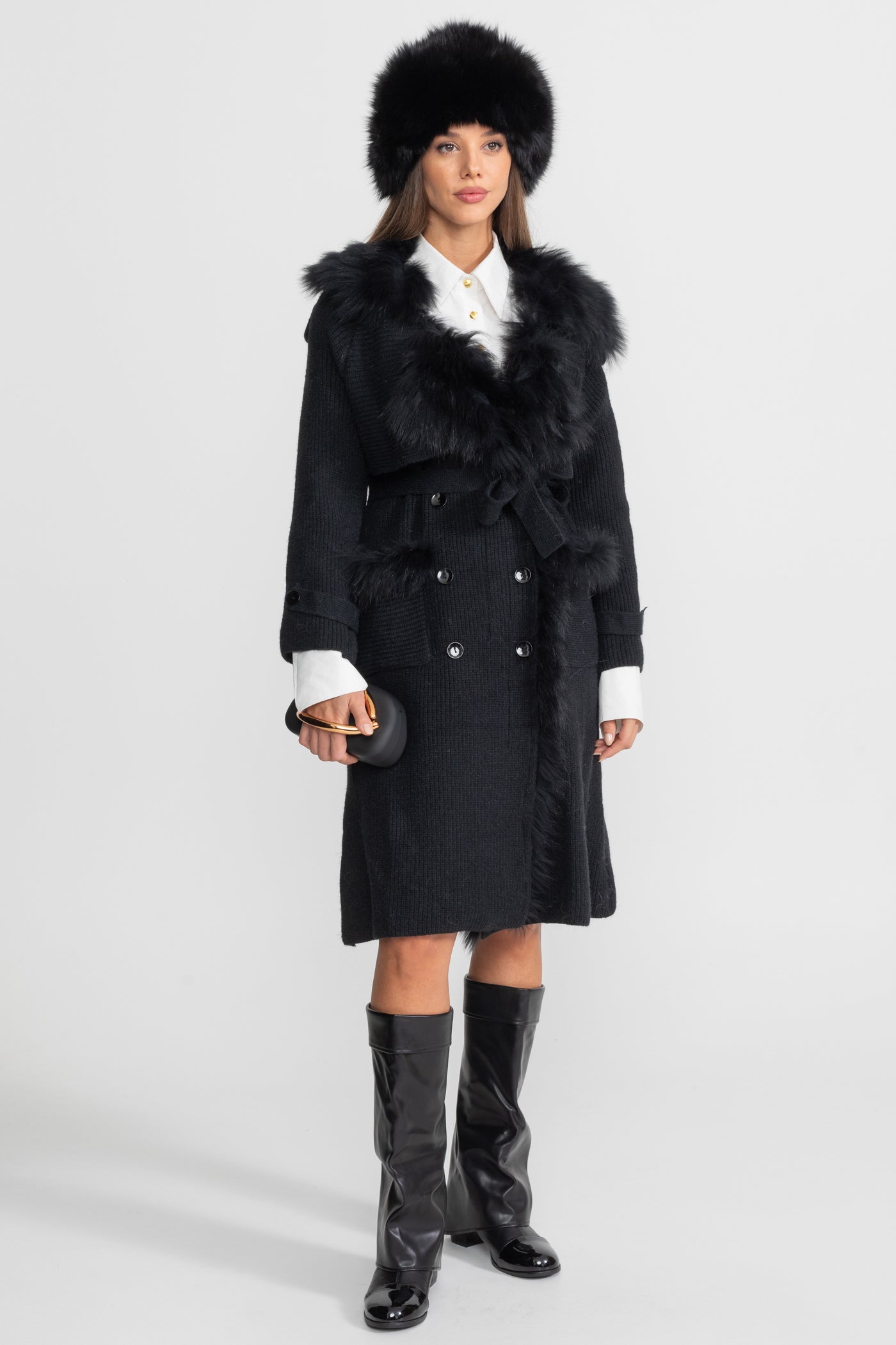 Double-Breasted Wool Knit Overcoat With Fur Trim – Black