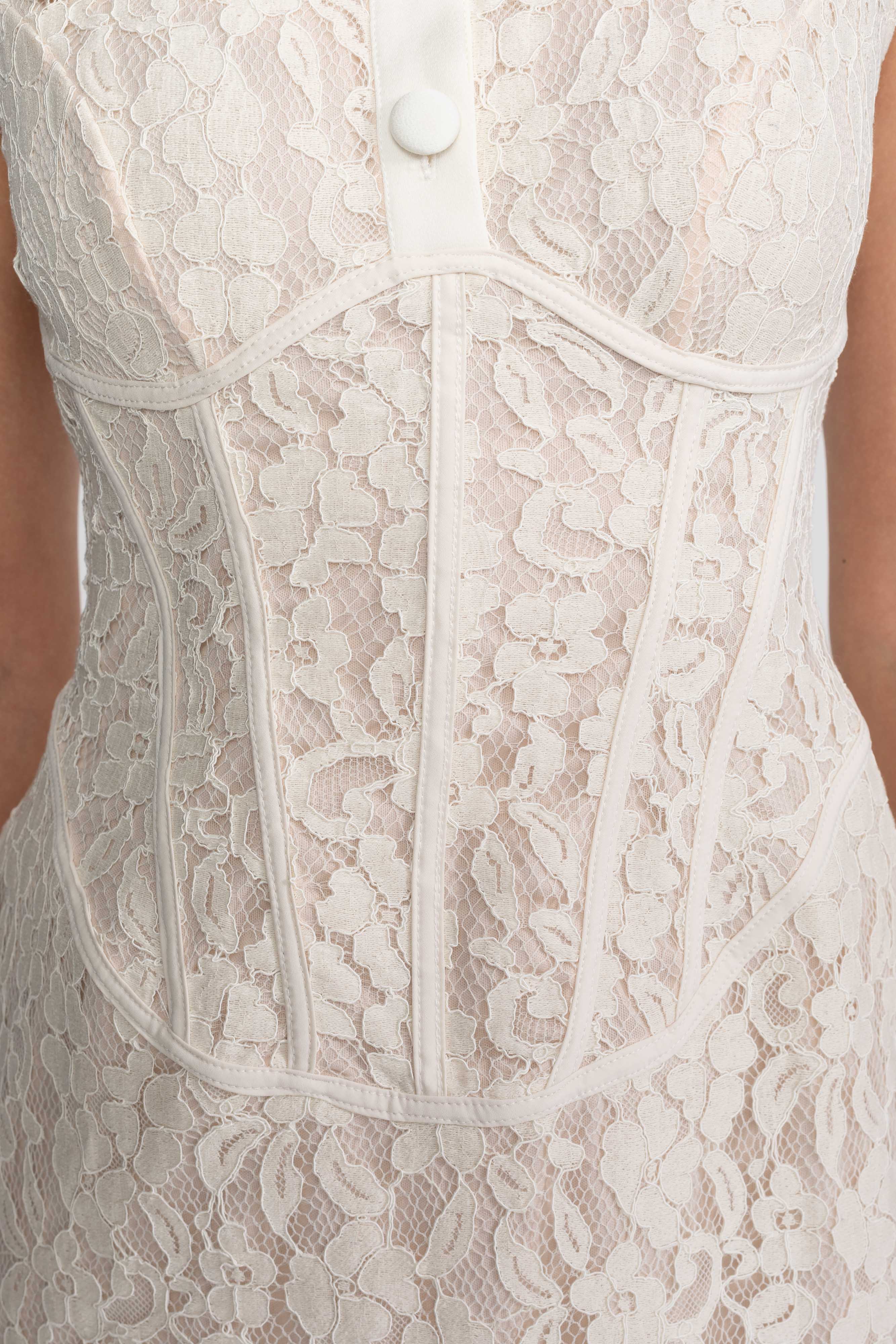 Lace Corset Collared Mini Dress With Buttoned Front - Ivoire