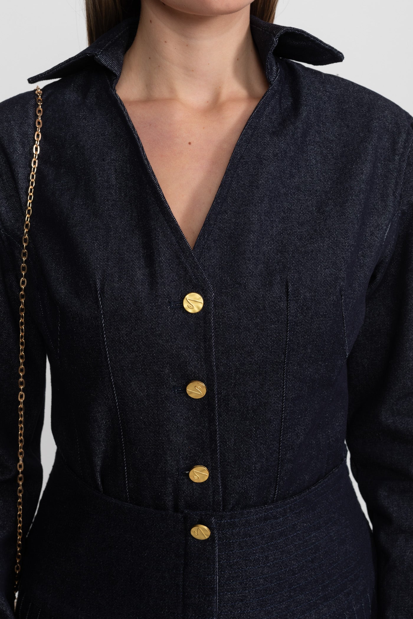 Set din denim cu fustă plisată și nasturi aurii - Albastru închis 