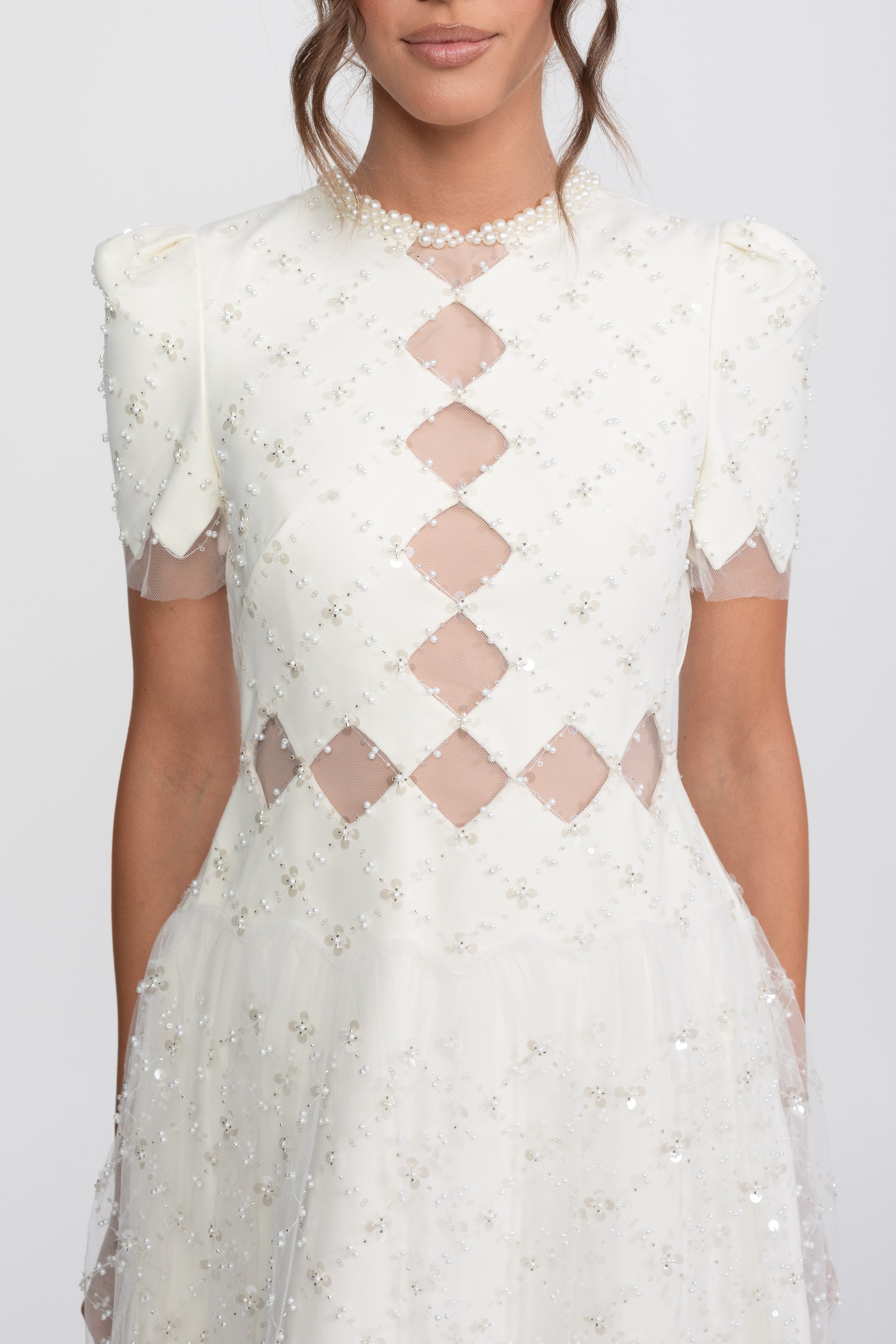 Diamond Cut-Out Beaded Dress With Pearl Trim - White