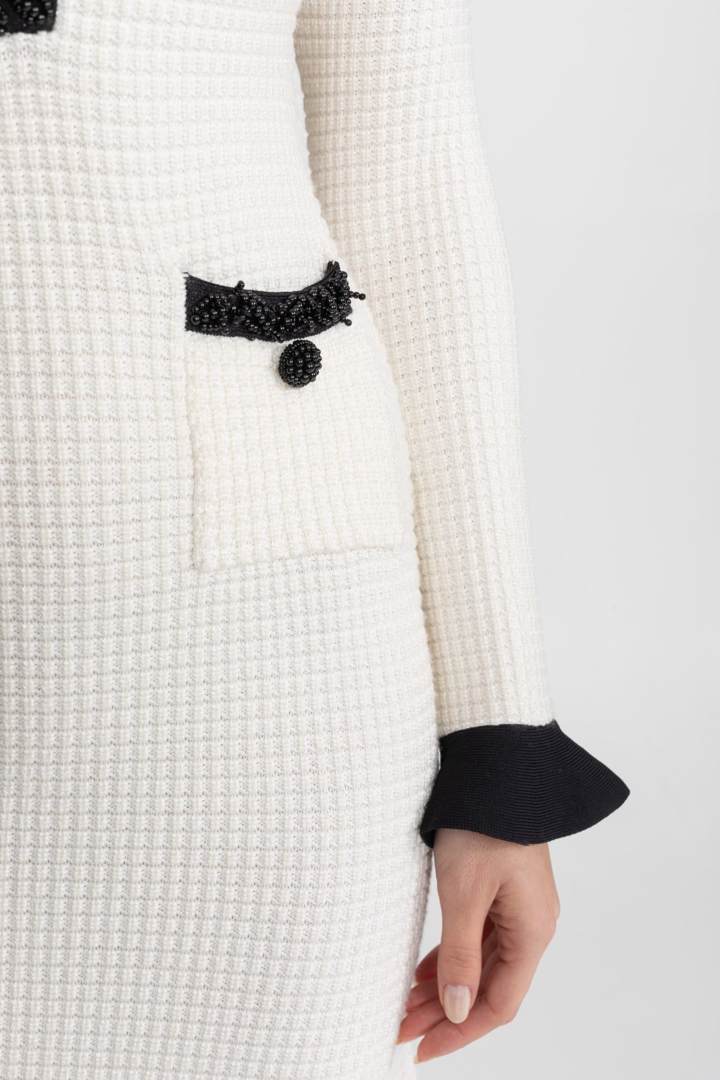 Textured Midi Dress with Contrast Embroidered Trim – Ivoire