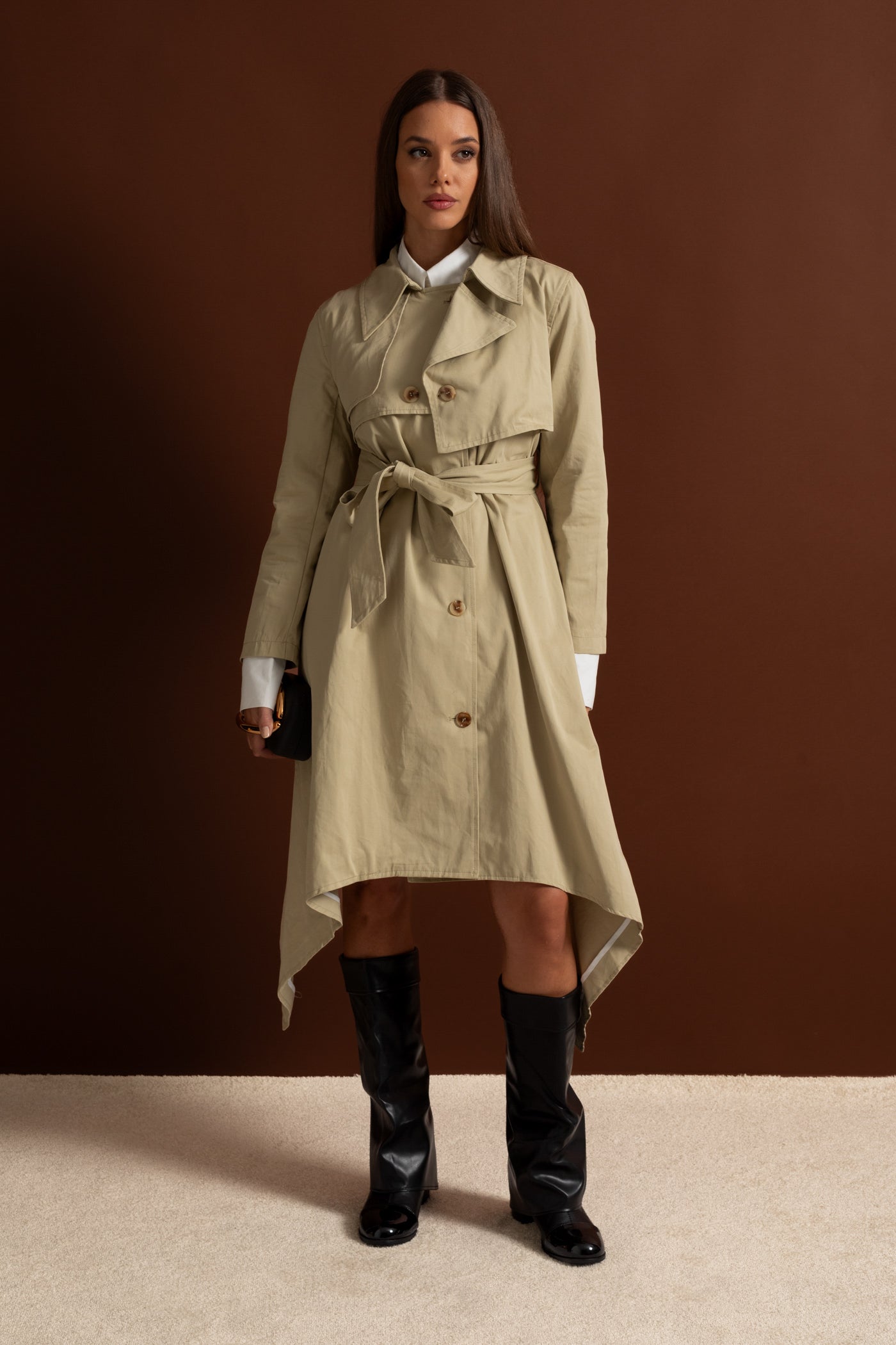 Long Trench Coat with Tie Belt and Asymmetrical Hem - Beige