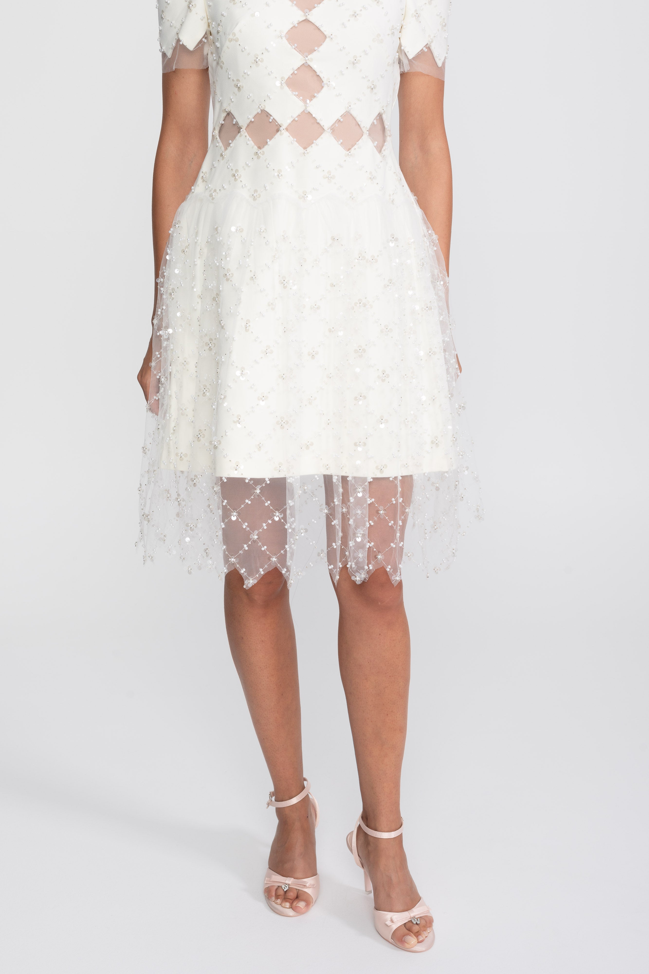 Diamond Cut-Out Beaded Dress With Pearl Trim - White