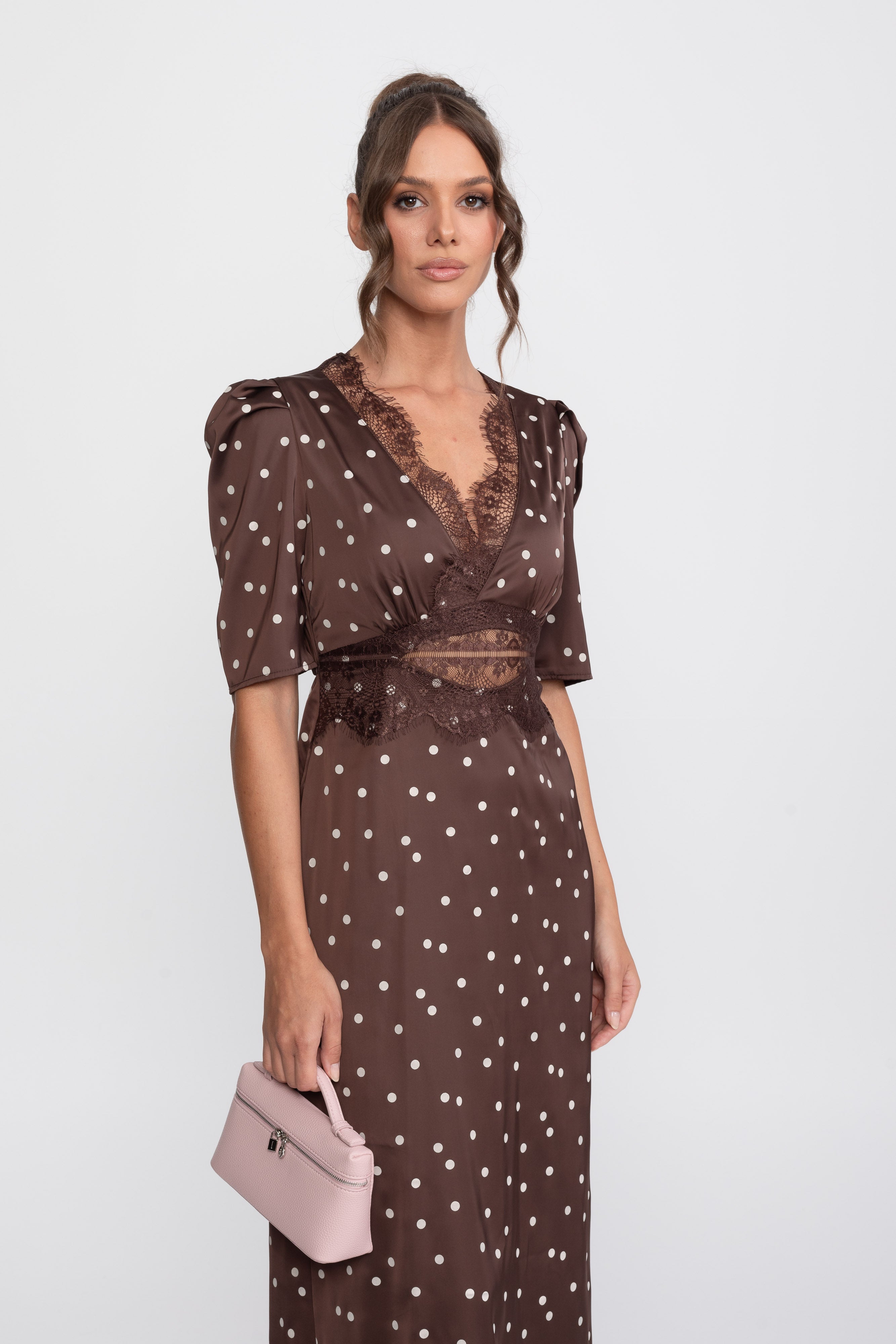 Rochie midi cu buline și margini din dantelă, cu mâneci bufante - Brown 